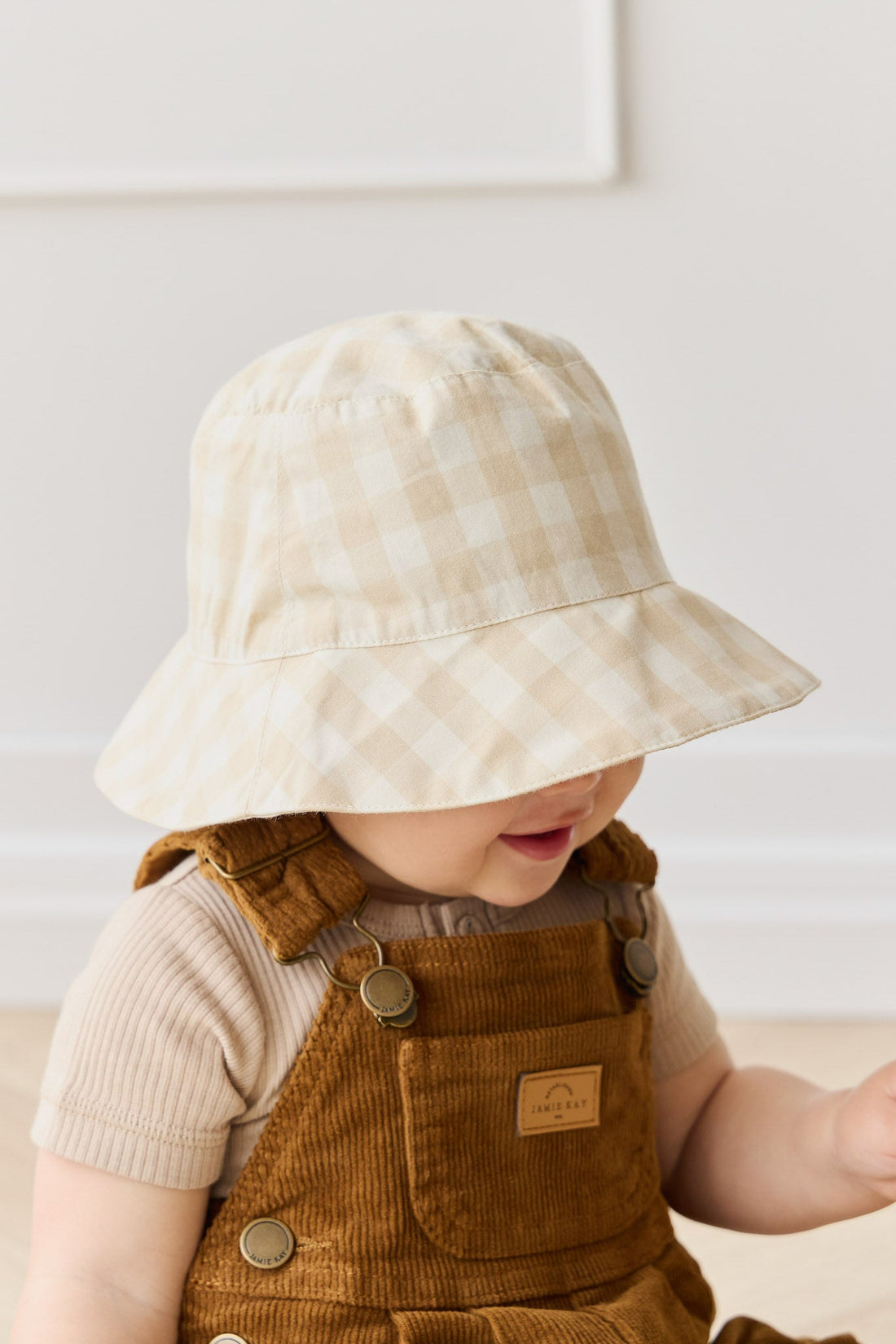 Organic Cotton Bucket Hat - Gingham Pale Khaki Childrens Hat from Jamie Kay USA