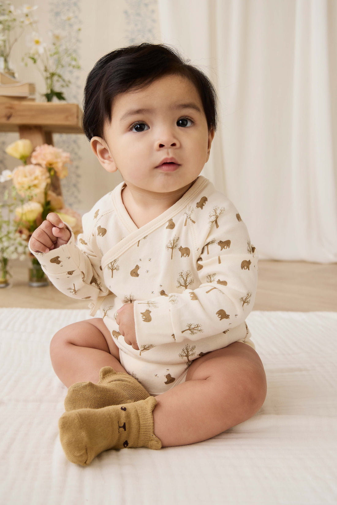 Organic Cotton Ames Wrap Long Sleeve Bodysuit - Honey Bear Cloud Childrens Bodysuit from Jamie Kay USA