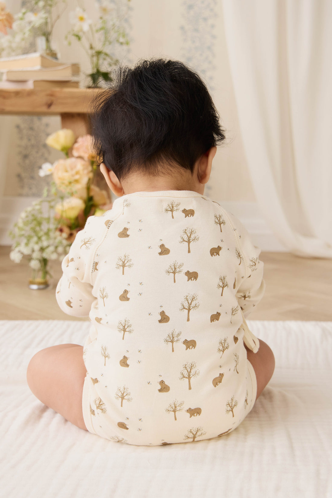 Organic Cotton Ames Wrap Long Sleeve Bodysuit - Honey Bear Cloud Childrens Bodysuit from Jamie Kay USA