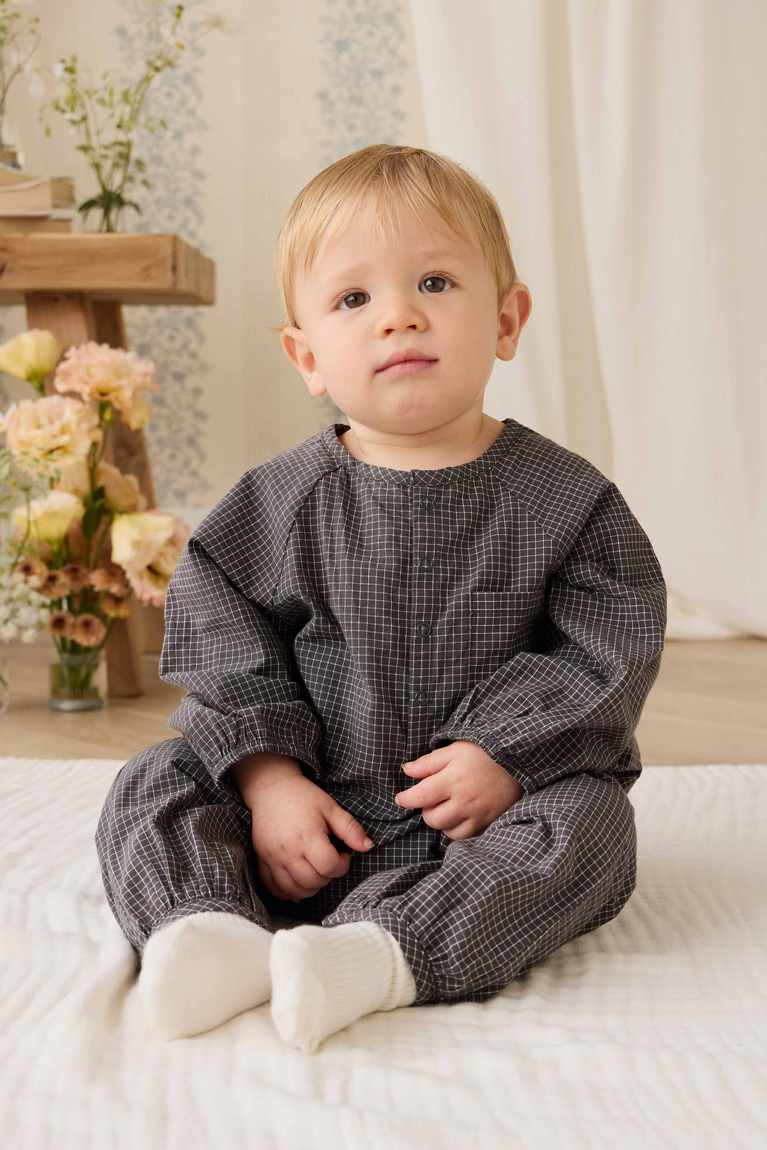 Organic Cotton Milton Onepiece - Basalt Grid Childrens Onepiece from Jamie Kay USA