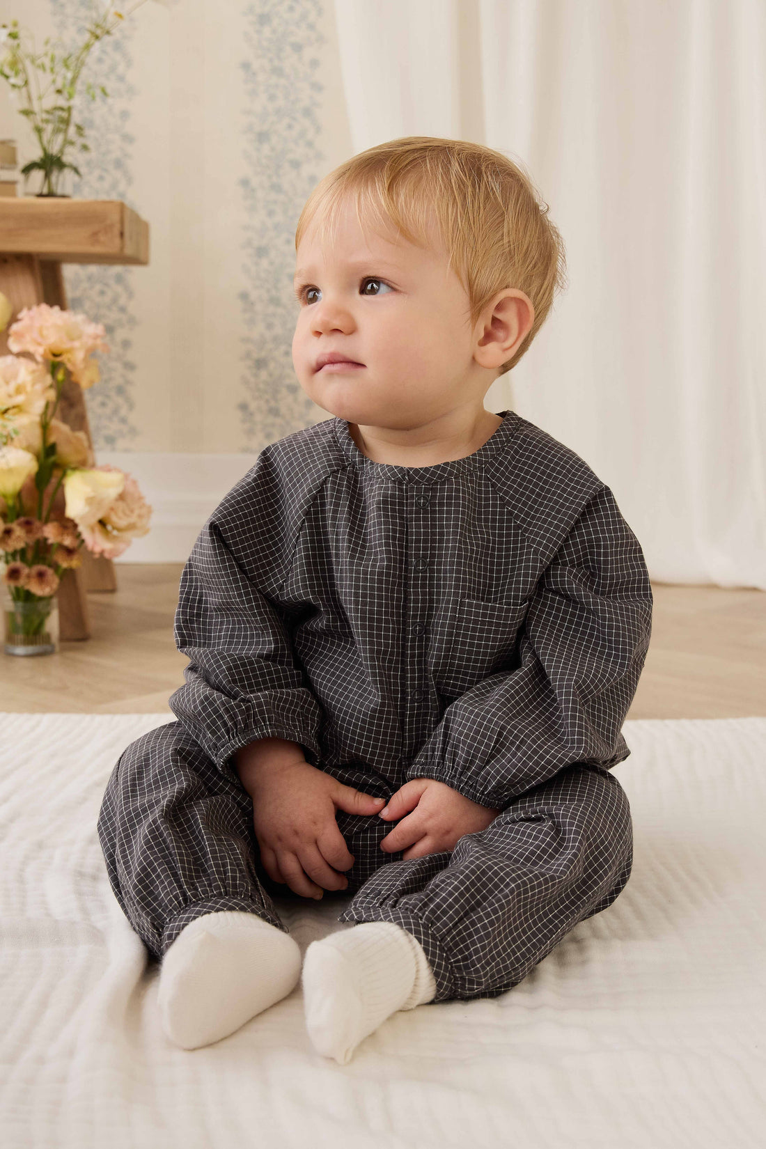 Organic Cotton Milton Onepiece - Basalt Grid Childrens Onepiece from Jamie Kay USA