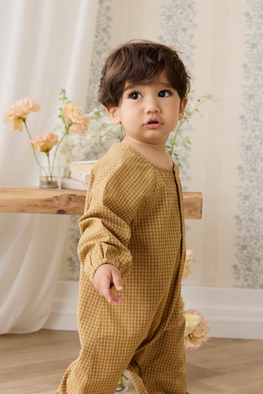 Organic Cotton Milton Onepiece - Windowpane Check Buckwheat Childrens Onepiece from Jamie Kay USA