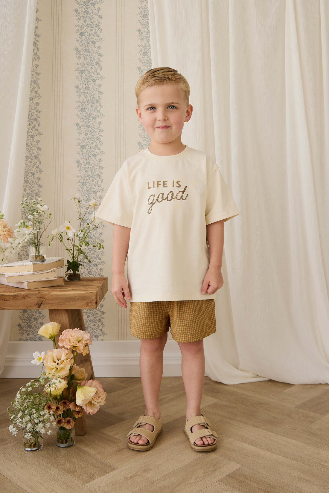 Organic Cotton Wilder Short - Windowpane Check Buckwheat Childrens Short from Jamie Kay USA