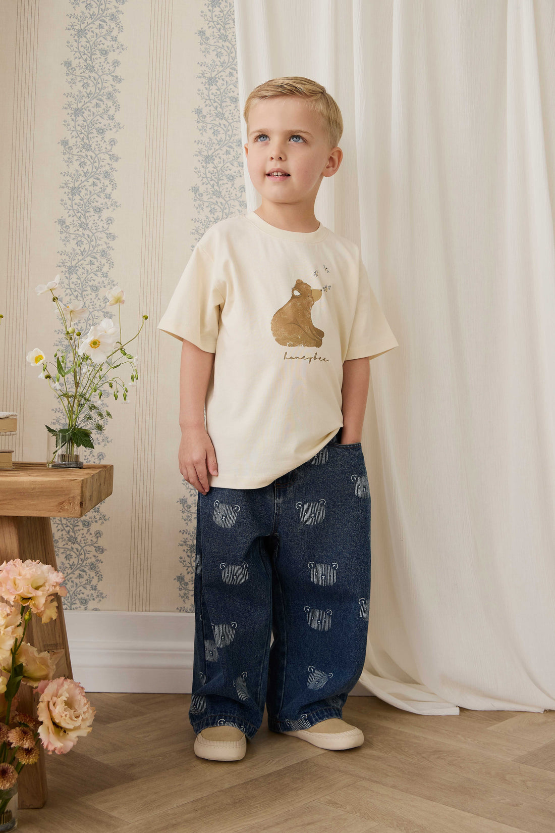 Organic Cotton Bjorn Tee - Cloud Honeybee Bear Childrens Top from Jamie Kay USA