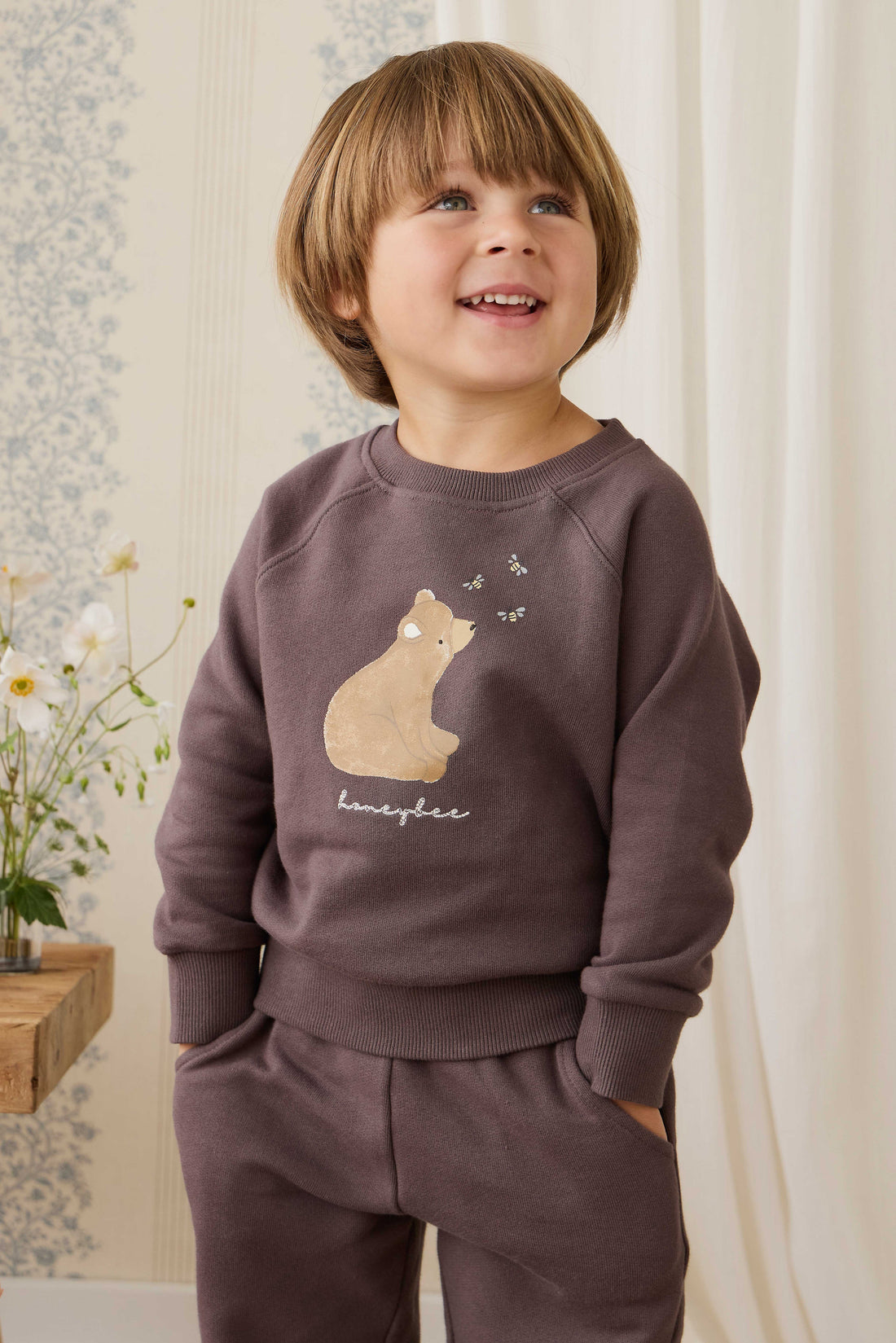 Organic Cotton Hayes Sweatshirt - Raku Honeybee Bear Childrens Sweatshirt from Jamie Kay USA