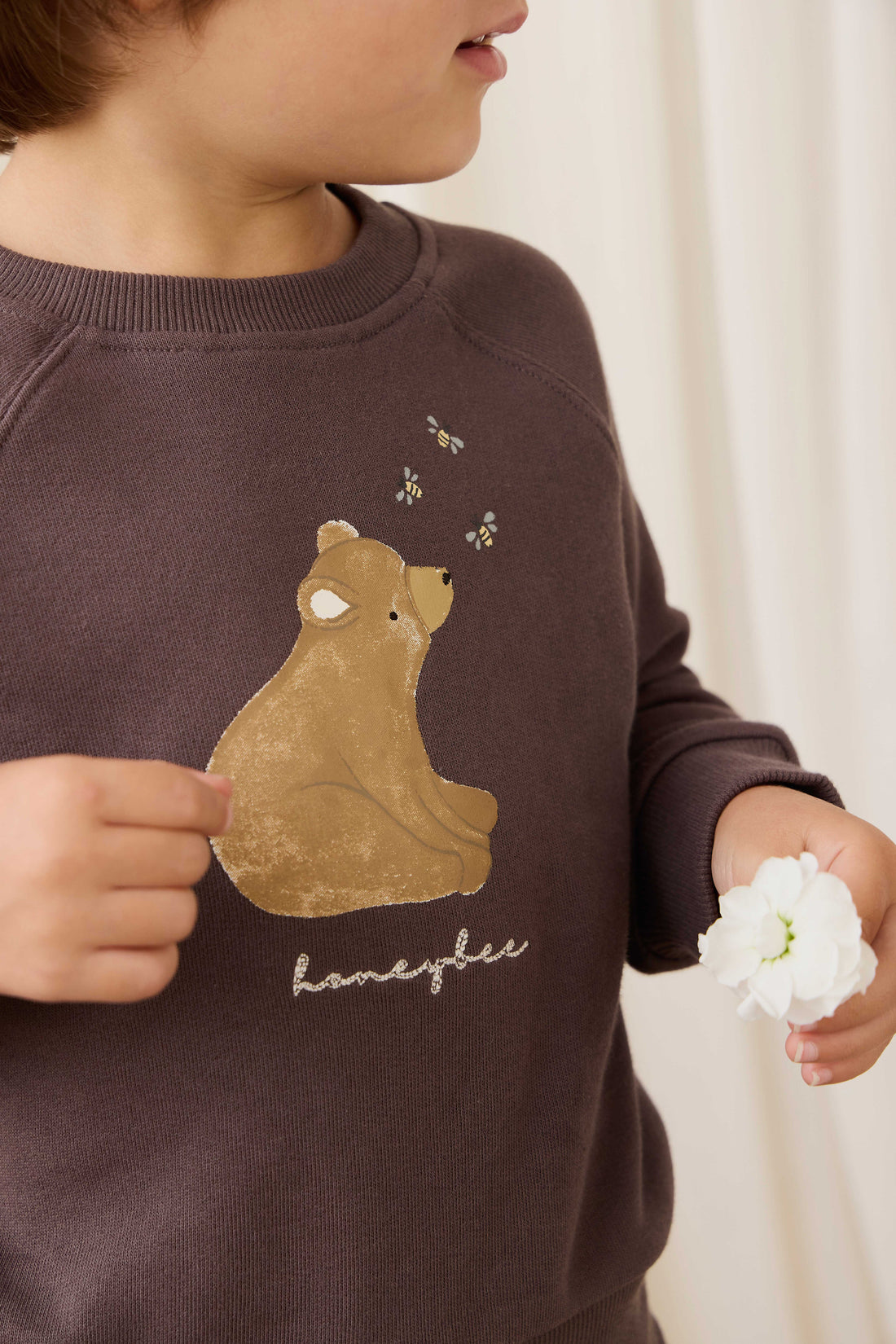 Organic Cotton Hayes Sweatshirt - Raku Honeybee Bear Childrens Sweatshirt from Jamie Kay USA