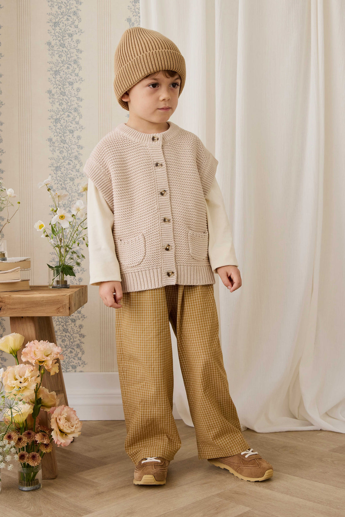 Organic Cotton Kenji Pant - Windowpane Check Buckwheat Childrens Pant from Jamie Kay USA