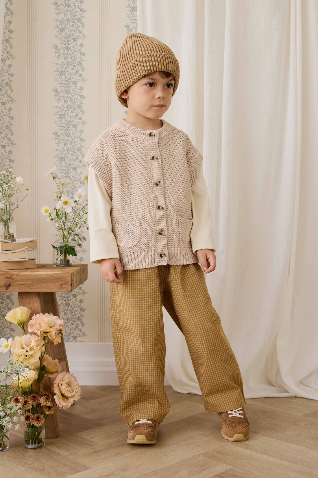 Organic Cotton Kenji Pant - Windowpane Check Buckwheat Childrens Pant from Jamie Kay USA