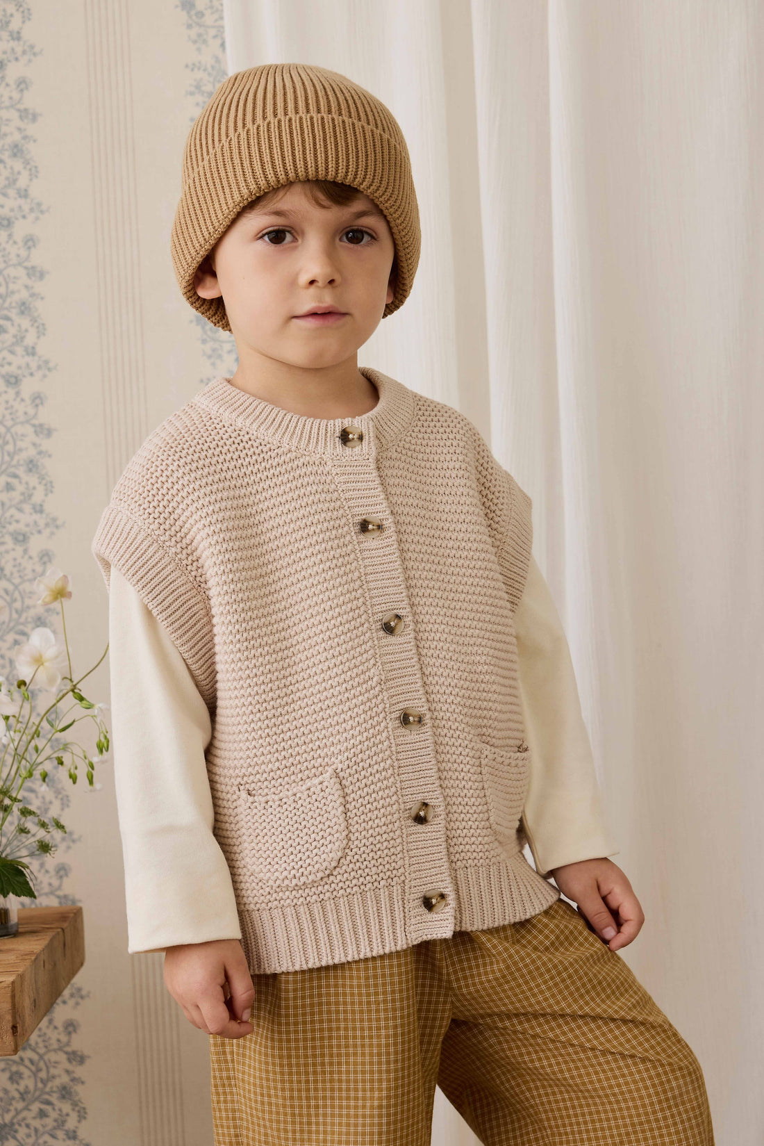 Organic Cotton Kenji Pant - Windowpane Check Buckwheat Childrens Pant from Jamie Kay USA