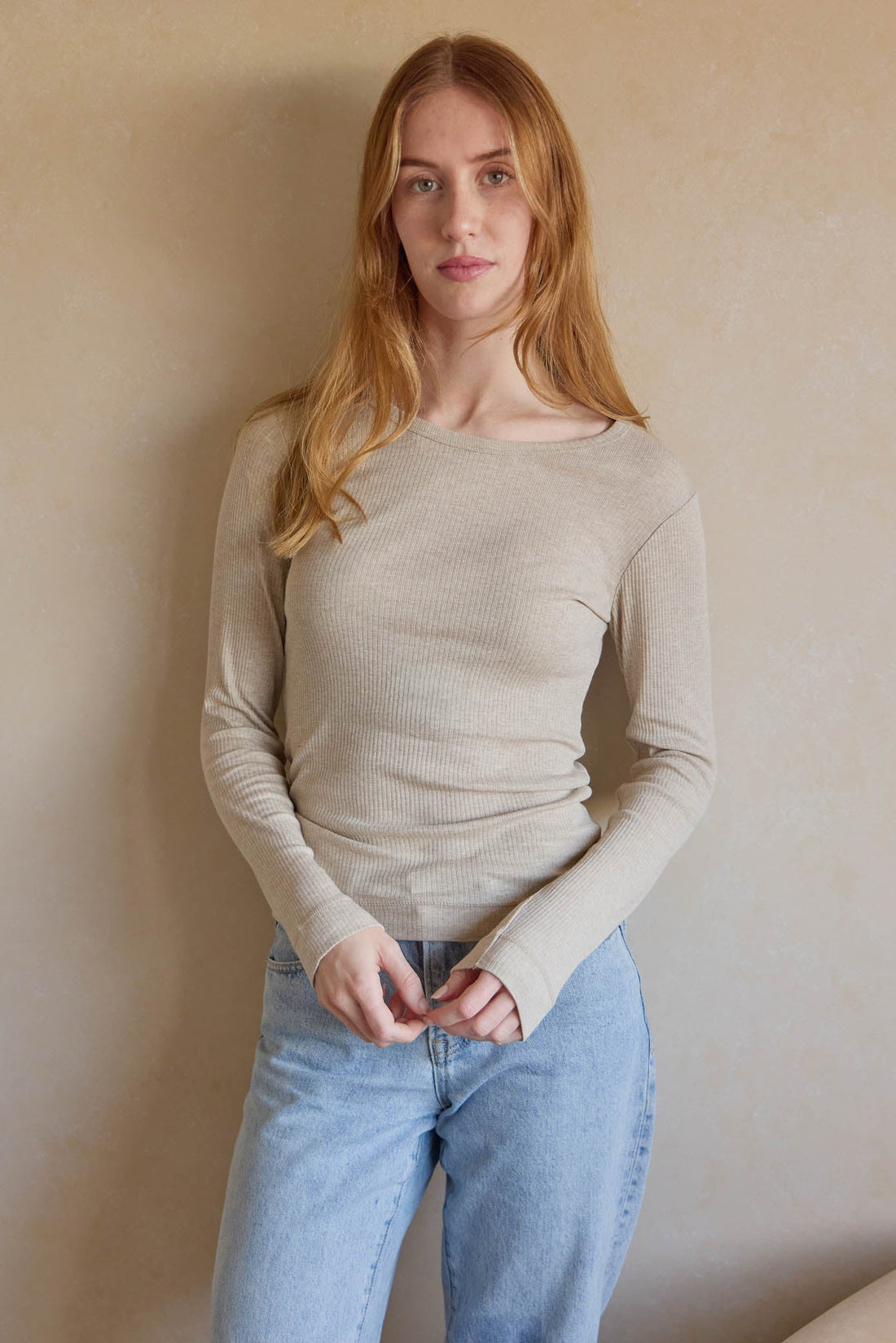 Organic Cotton Modal Womens Long Sleeve Top - Biscuit Marle Childrens Womens Top from Jamie Kay USA