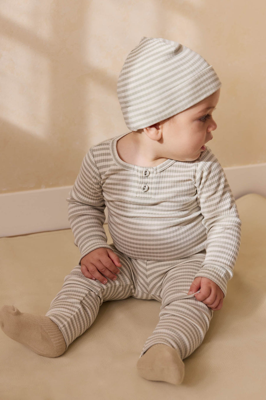 Organic Cotton Modal Long Sleeve Bodysuit - Narrow Stripe Moss/Cloud Childrens Bodysuit from Jamie Kay USA