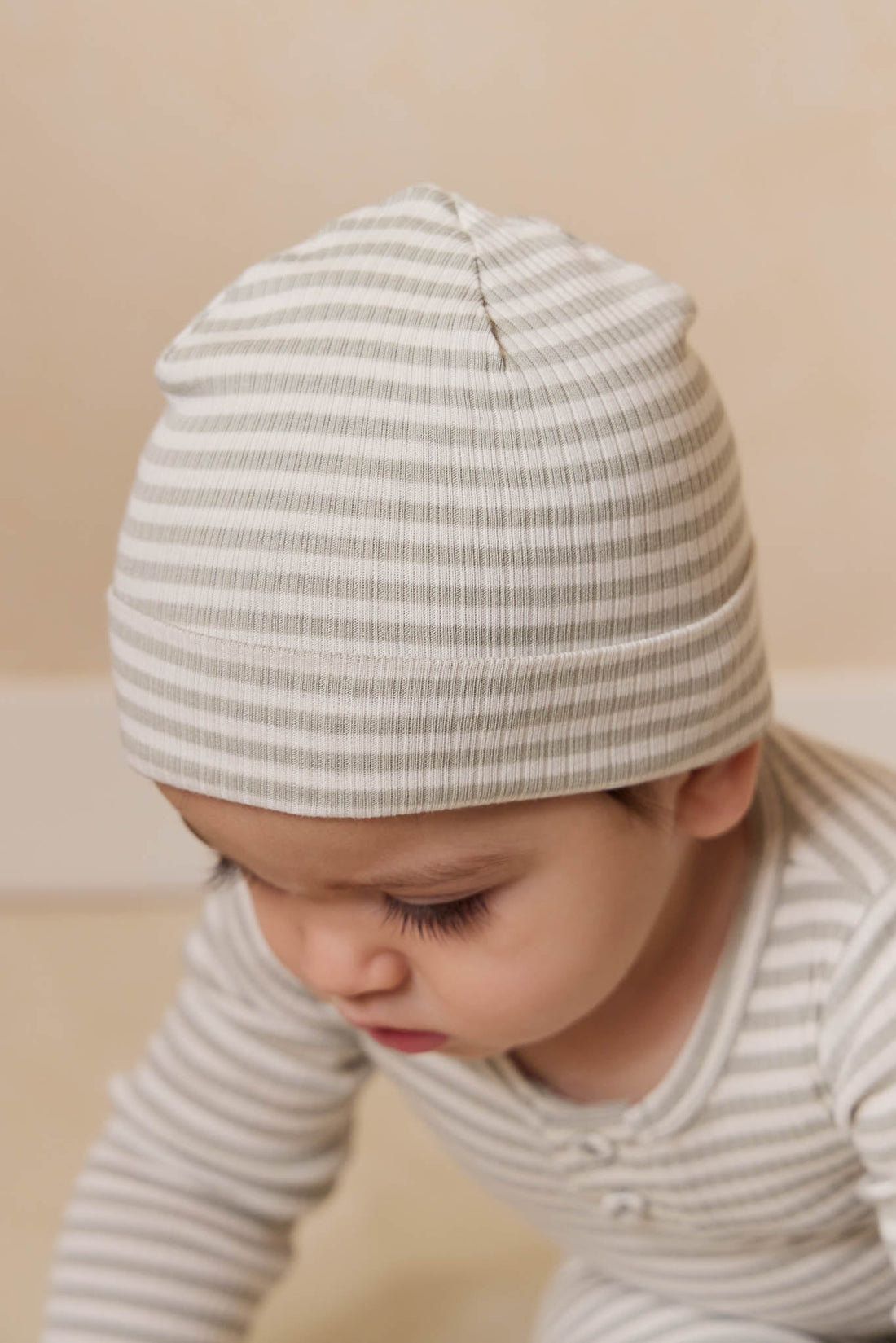 Organic Cotton Modal Lennon Beanie - Narrow Stripe Moss/Cloud Childrens Beanie from Jamie Kay USA