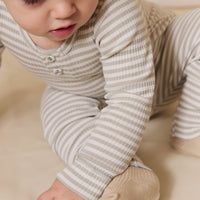 Organic Cotton Modal Long Sleeve Bodysuit - Narrow Stripe Moss/Cloud Childrens Bodysuit from Jamie Kay USA