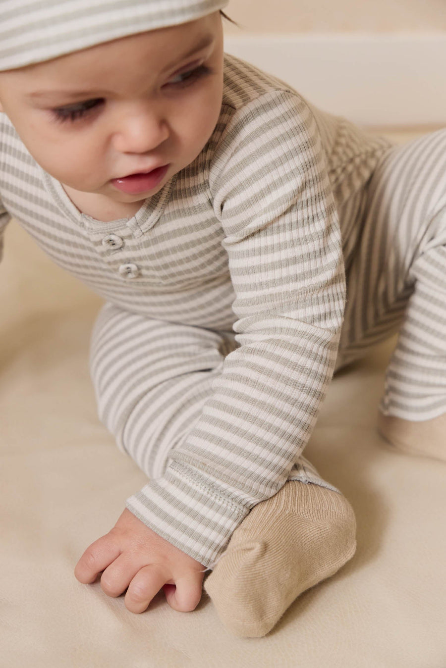 Organic Cotton Modal Long Sleeve Bodysuit - Narrow Stripe Moss/Cloud Childrens Bodysuit from Jamie Kay USA