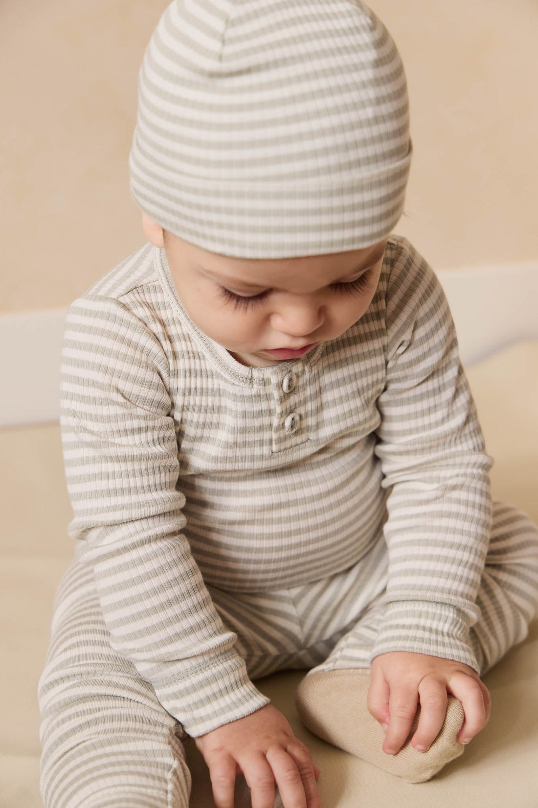 Organic Cotton Modal Long Sleeve Bodysuit - Narrow Stripe Moss/Cloud Childrens Bodysuit from Jamie Kay USA