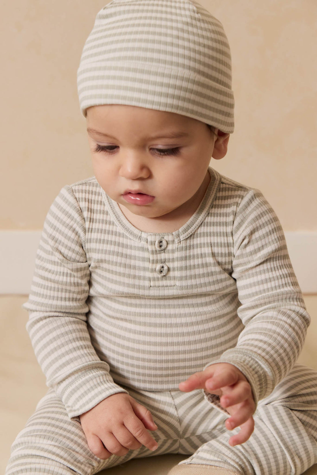 Organic Cotton Modal Lennon Beanie - Narrow Stripe Moss/Cloud Childrens Beanie from Jamie Kay USA