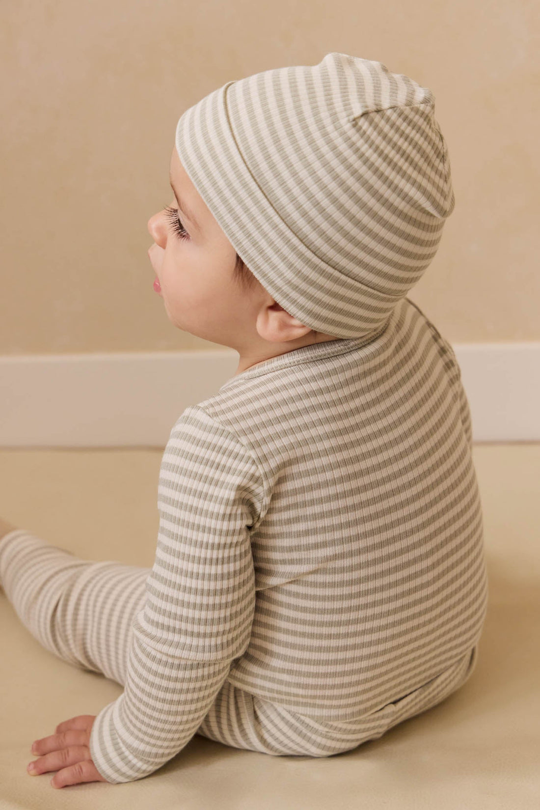 Organic Cotton Modal Lennon Beanie - Narrow Stripe Moss/Cloud Childrens Beanie from Jamie Kay USA