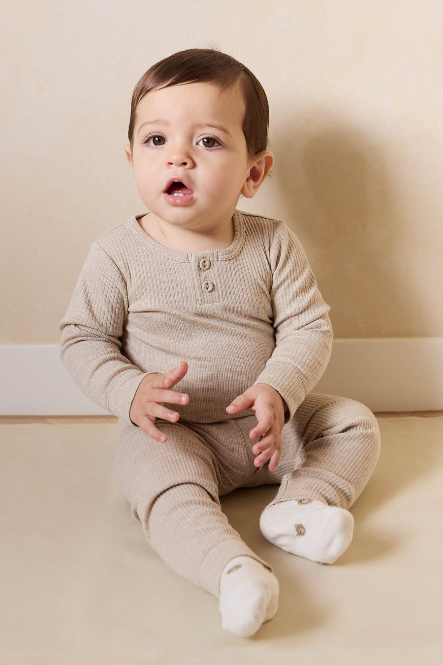 Organic Cotton Modal Long Sleeve Bodysuit - Biscuit Marle Childrens Bodysuit from Jamie Kay USA