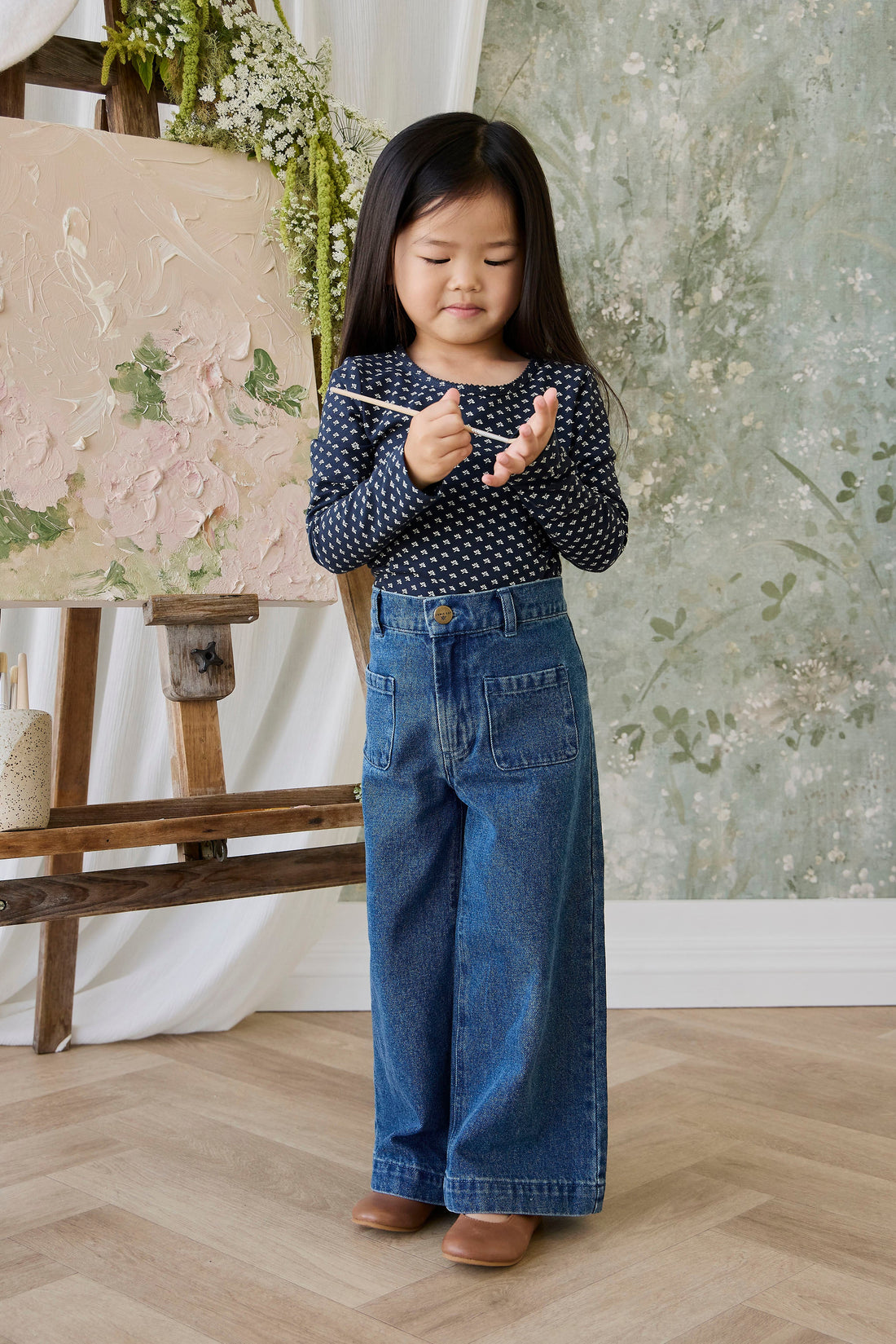 Organic Cotton Long Sleeve Top - Lisa Petite Indigo Childrens Top from Jamie Kay USA