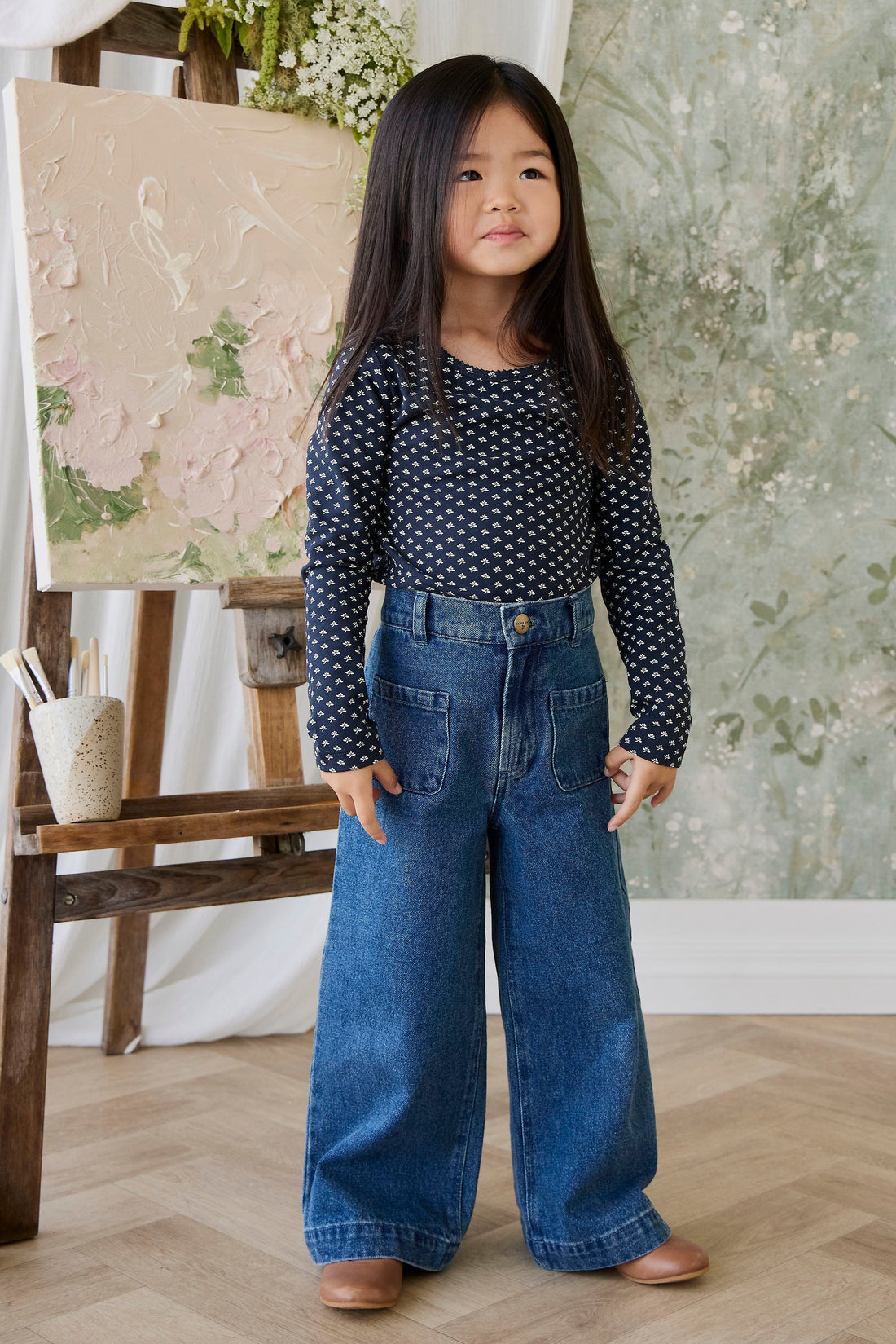 Organic Cotton Long Sleeve Top - Lisa Petite Indigo Childrens Top from Jamie Kay USA