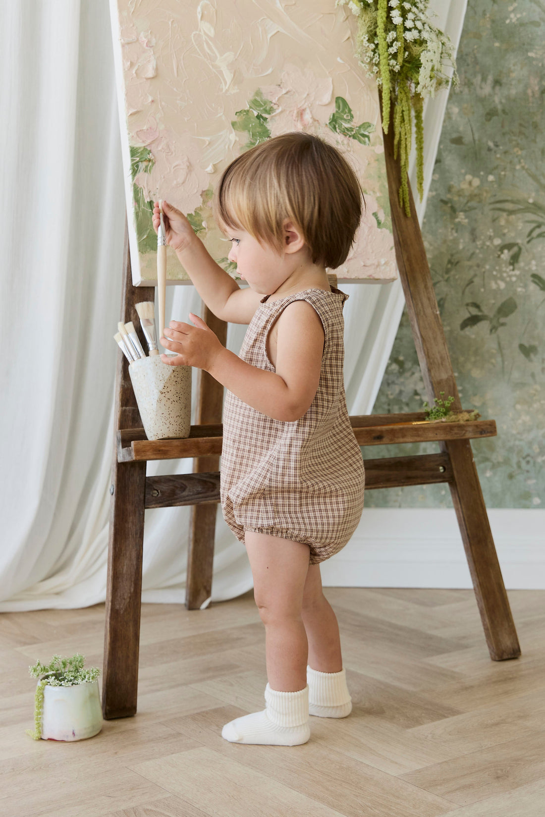 Organic Cotton Bentley Playsuit - Cabin Check Cocoa Childrens Playsuit from Jamie Kay USA