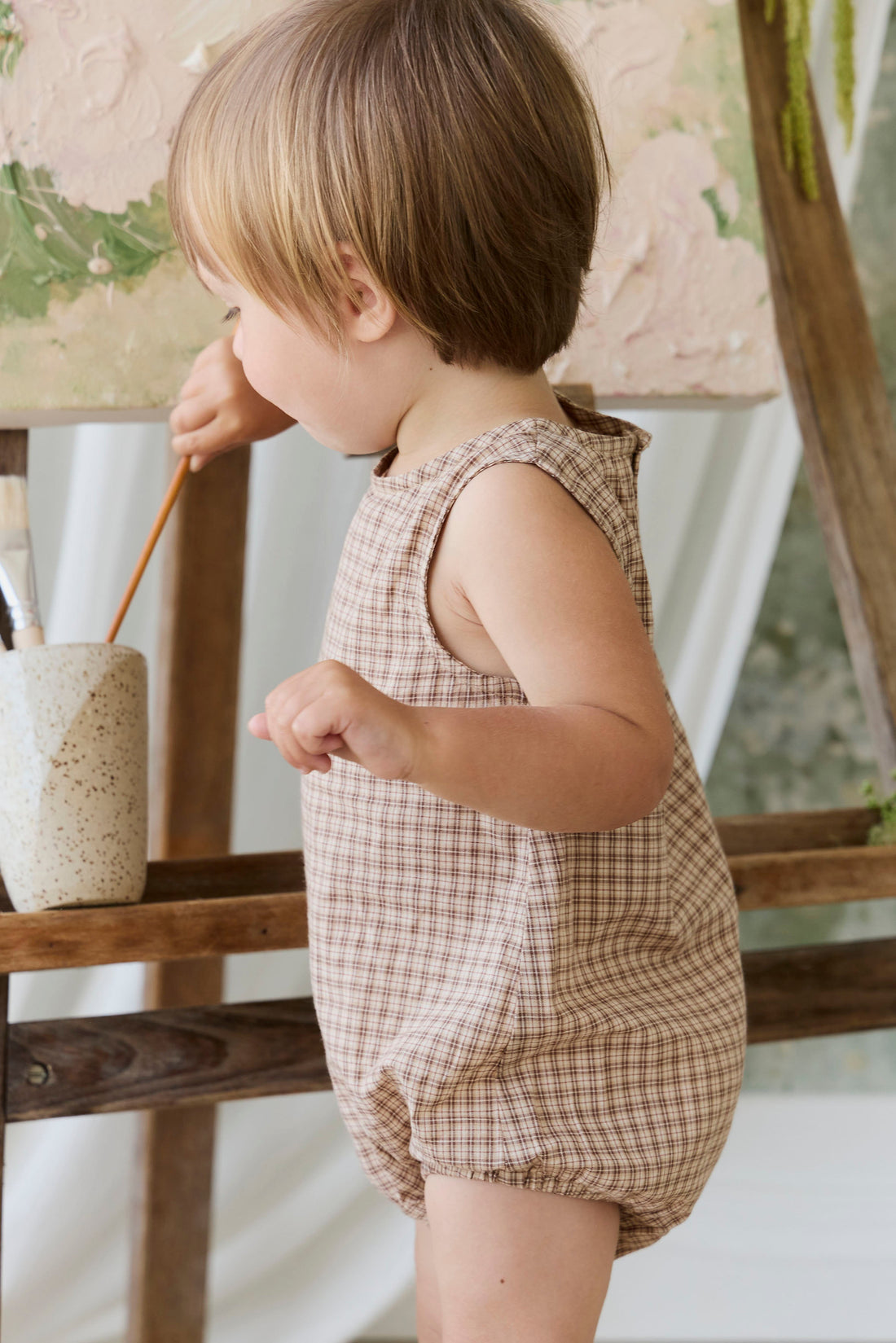 Organic Cotton Bentley Playsuit - Cabin Check Cocoa Childrens Playsuit from Jamie Kay USA