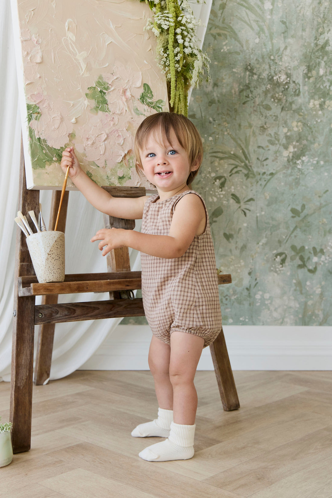 Organic Cotton Bentley Playsuit - Cabin Check Cocoa Childrens Playsuit from Jamie Kay USA