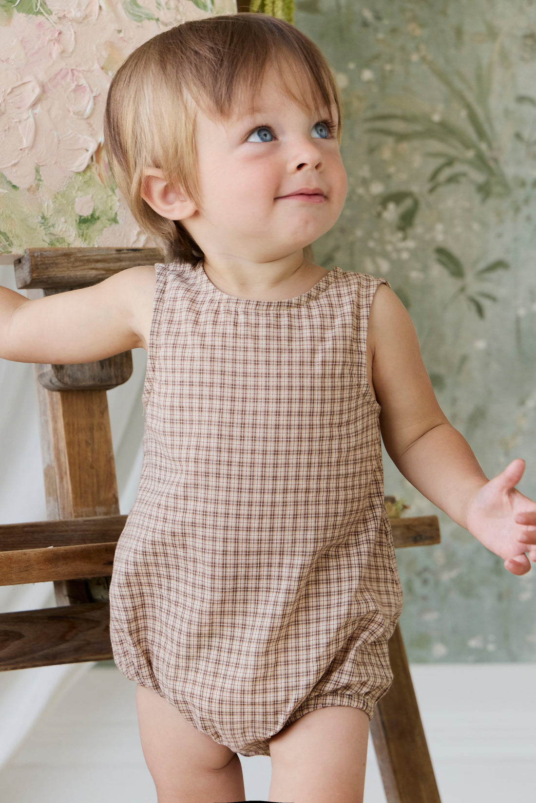 Organic Cotton Bentley Playsuit - Cabin Check Cocoa Childrens Playsuit from Jamie Kay USA