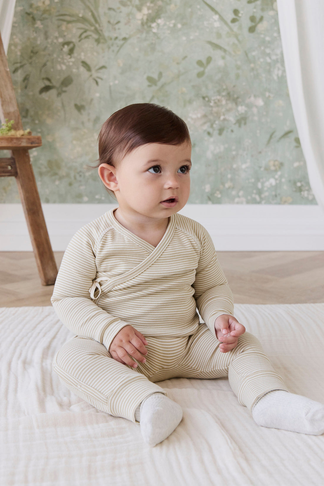 Organic Cotton Fine Rib Micah Wrap Onepiece - Petite Stripe Hay/Cloud Childrens Onepiece from Jamie Kay USA