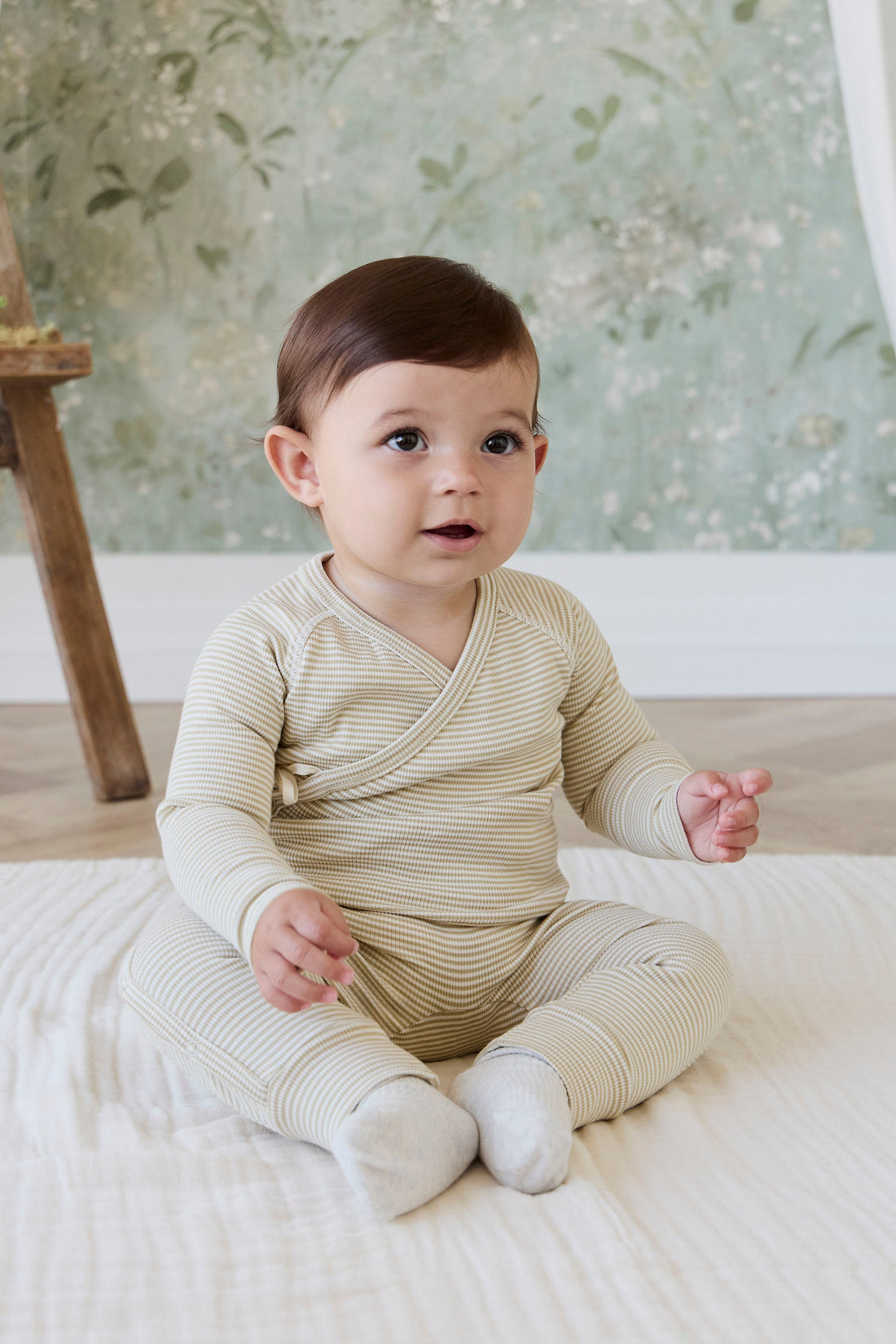 Organic Cotton Fine Rib Micah Wrap Onepiece - Petite Stripe Hay/Cloud Childrens Onepiece from Jamie Kay USA