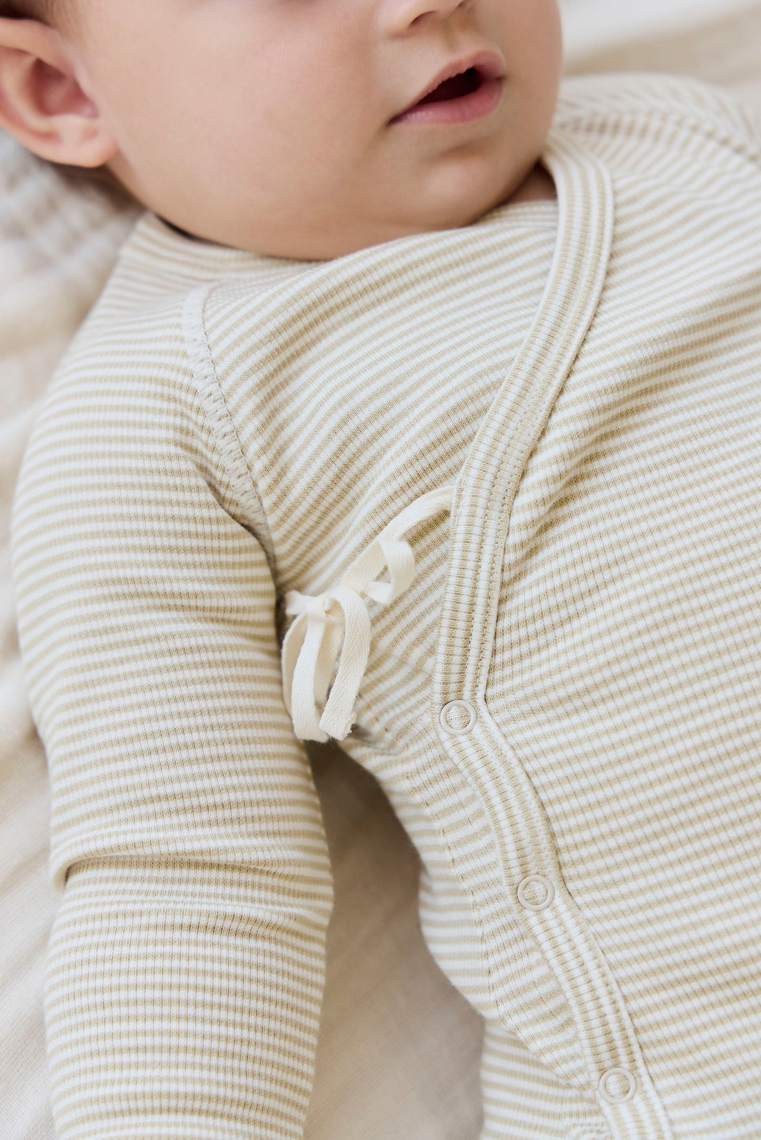 Organic Cotton Fine Rib Micah Wrap Onepiece - Petite Stripe Hay/Cloud Childrens Onepiece from Jamie Kay USA