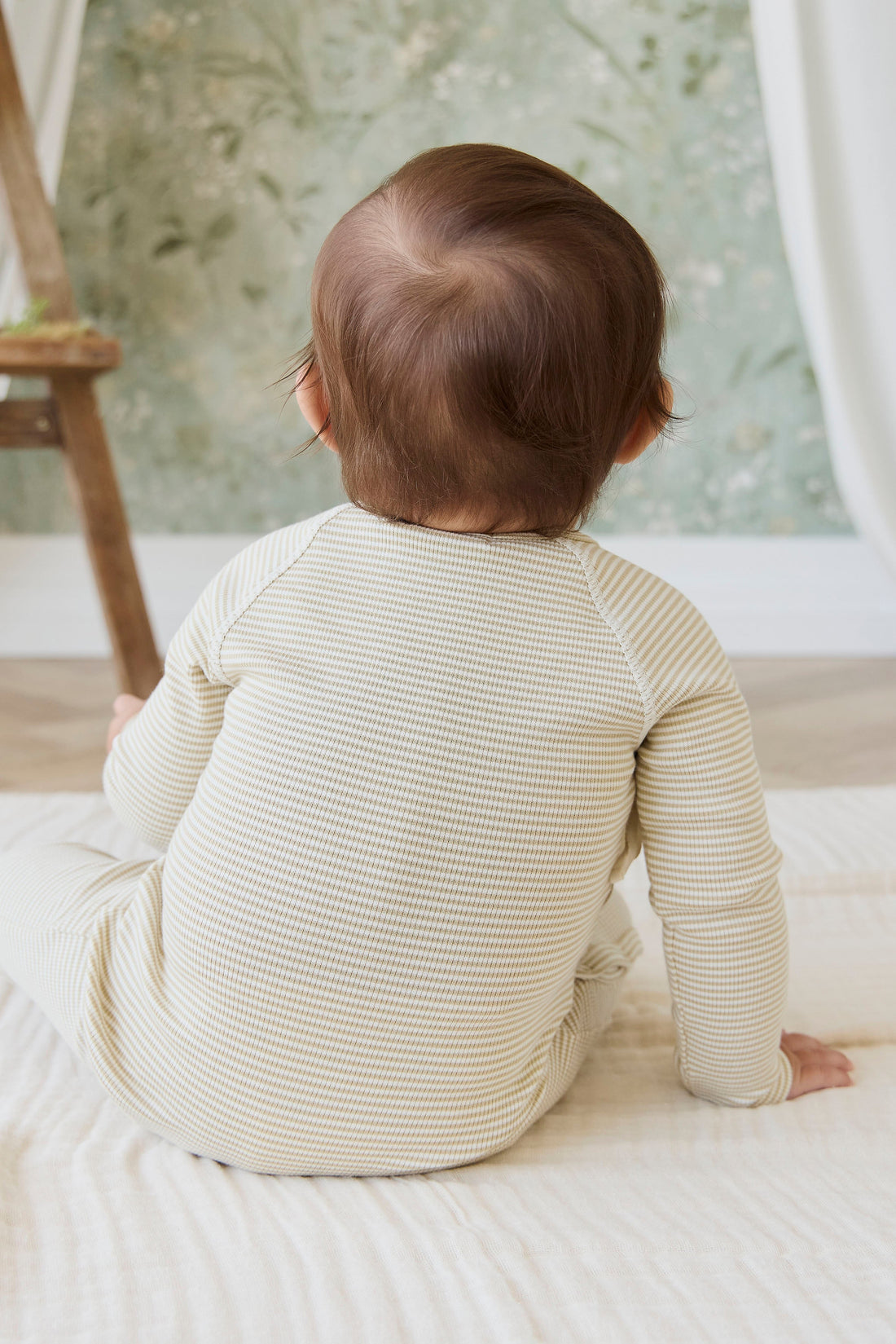 Organic Cotton Fine Rib Micah Wrap Onepiece - Petite Stripe Hay/Cloud Childrens Onepiece from Jamie Kay USA