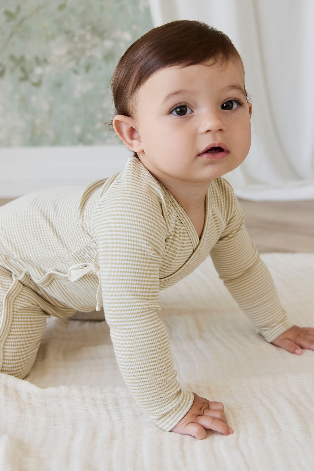 Organic Cotton Fine Rib Micah Wrap Onepiece - Petite Stripe Hay/Cloud Childrens Onepiece from Jamie Kay USA