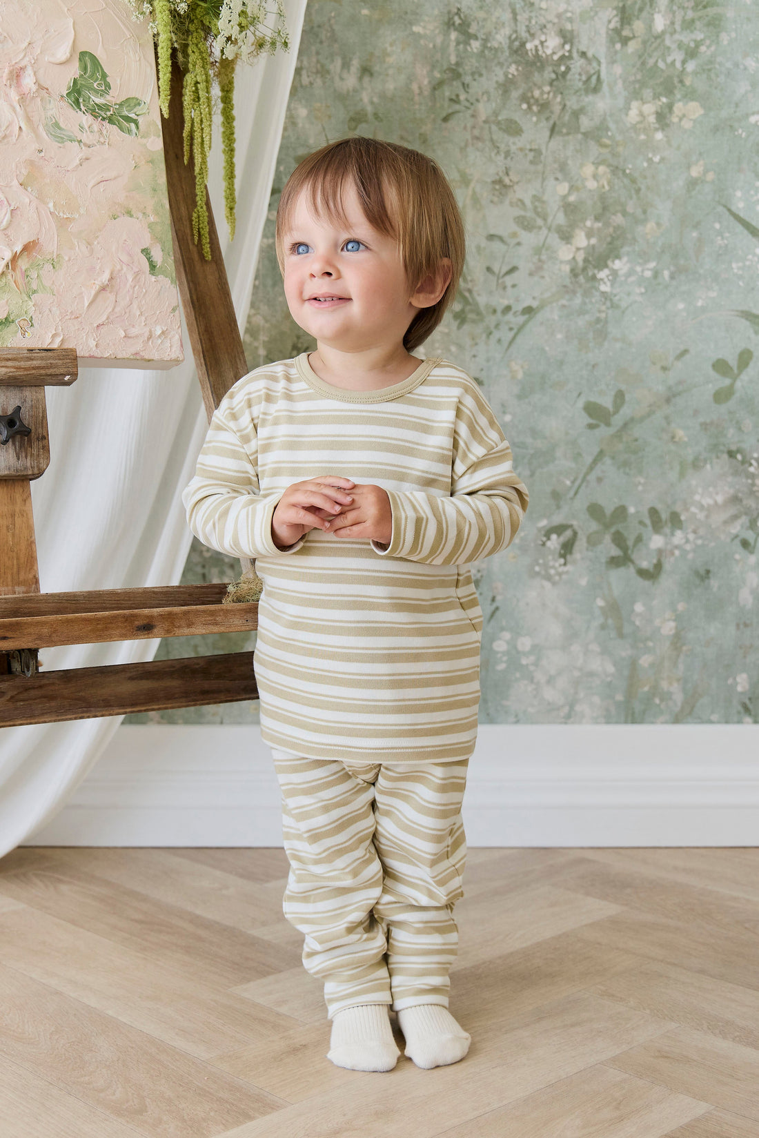 Pima Cotton Arnold Long Sleeve Top - Double Stripe Hay/Cloud Childrens Top from Jamie Kay USA