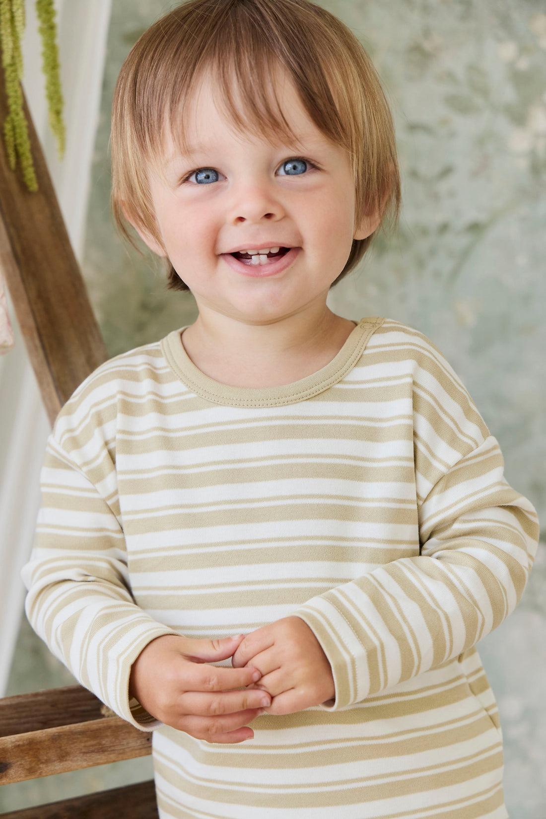 Pima Cotton Arnold Long Sleeve Top - Double Stripe Hay/Cloud Childrens Top from Jamie Kay USA