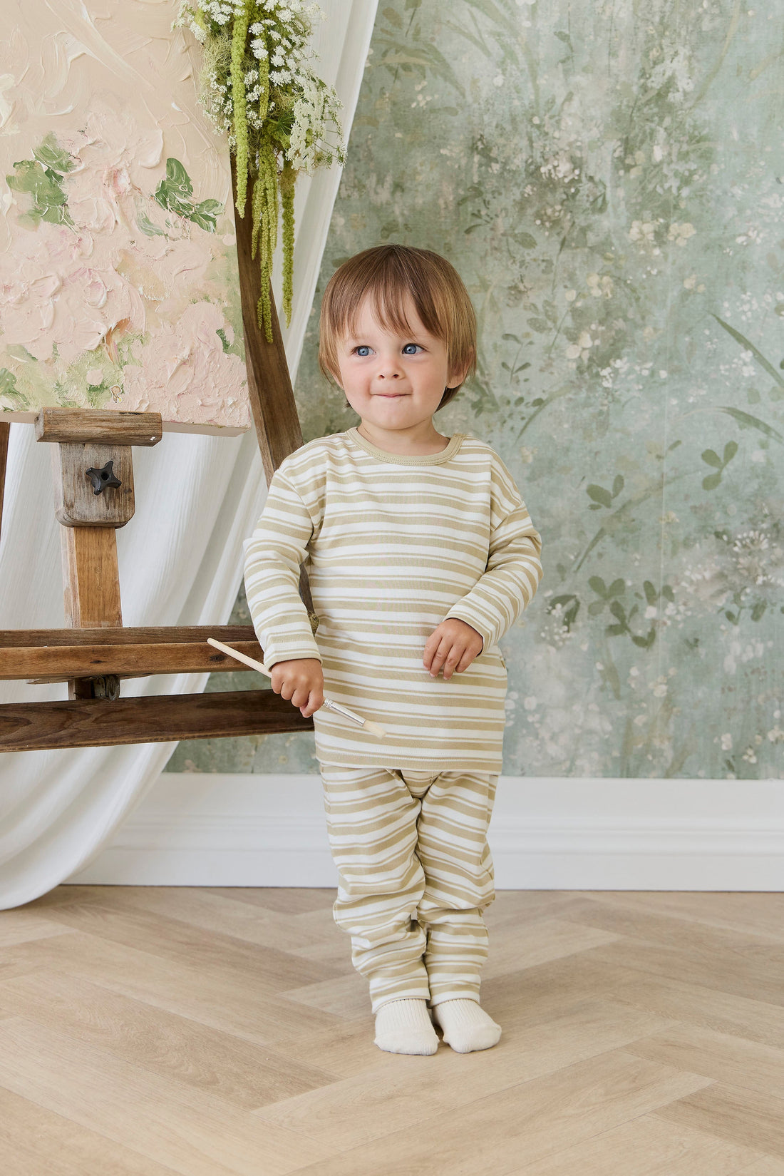 Pima Cotton Arnold Long Sleeve Top - Double Stripe Hay/Cloud Childrens Top from Jamie Kay USA