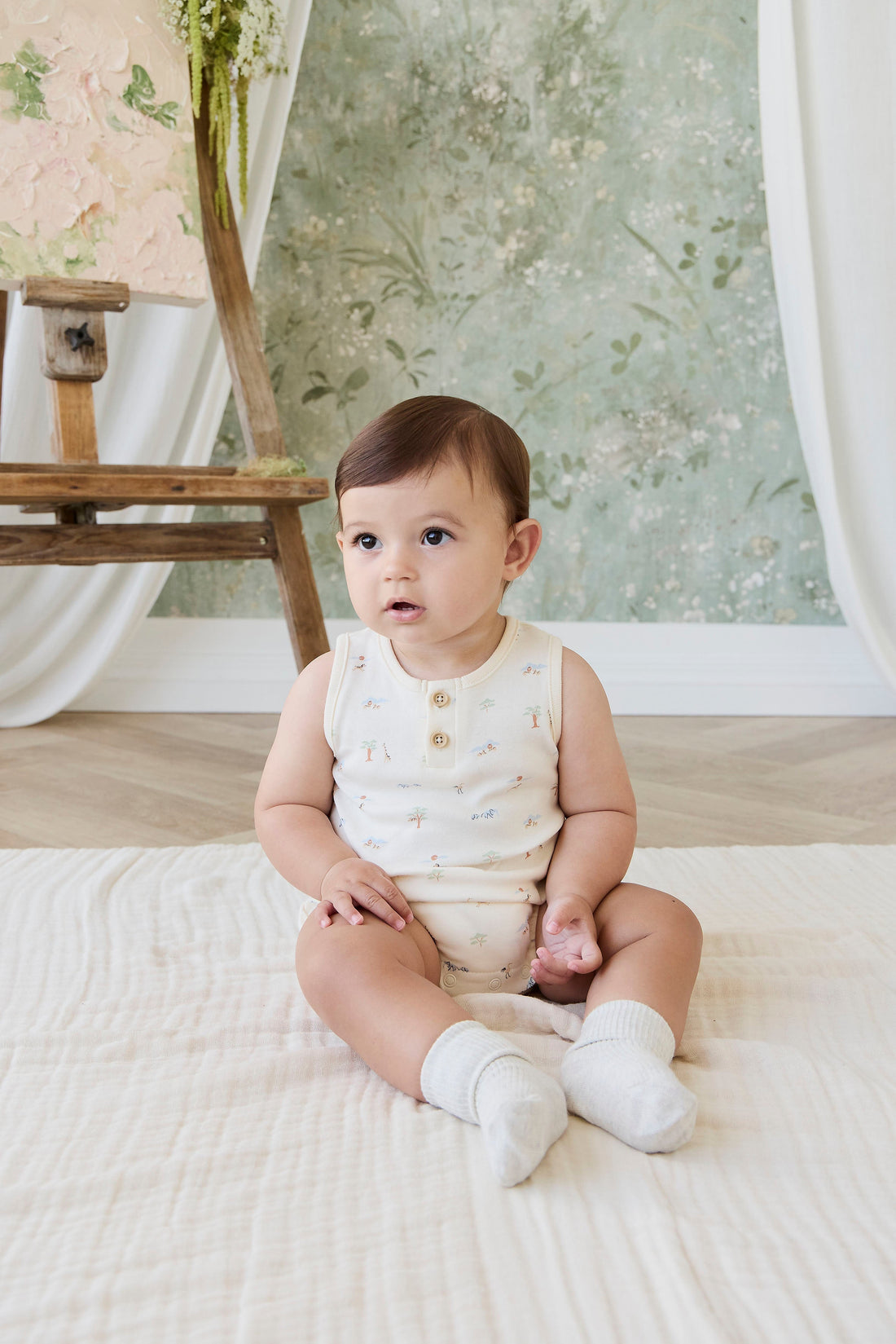 Organic Cotton Archie Playsuit - Savannah Animals Tofu Childrens Playsuit from Jamie Kay USA