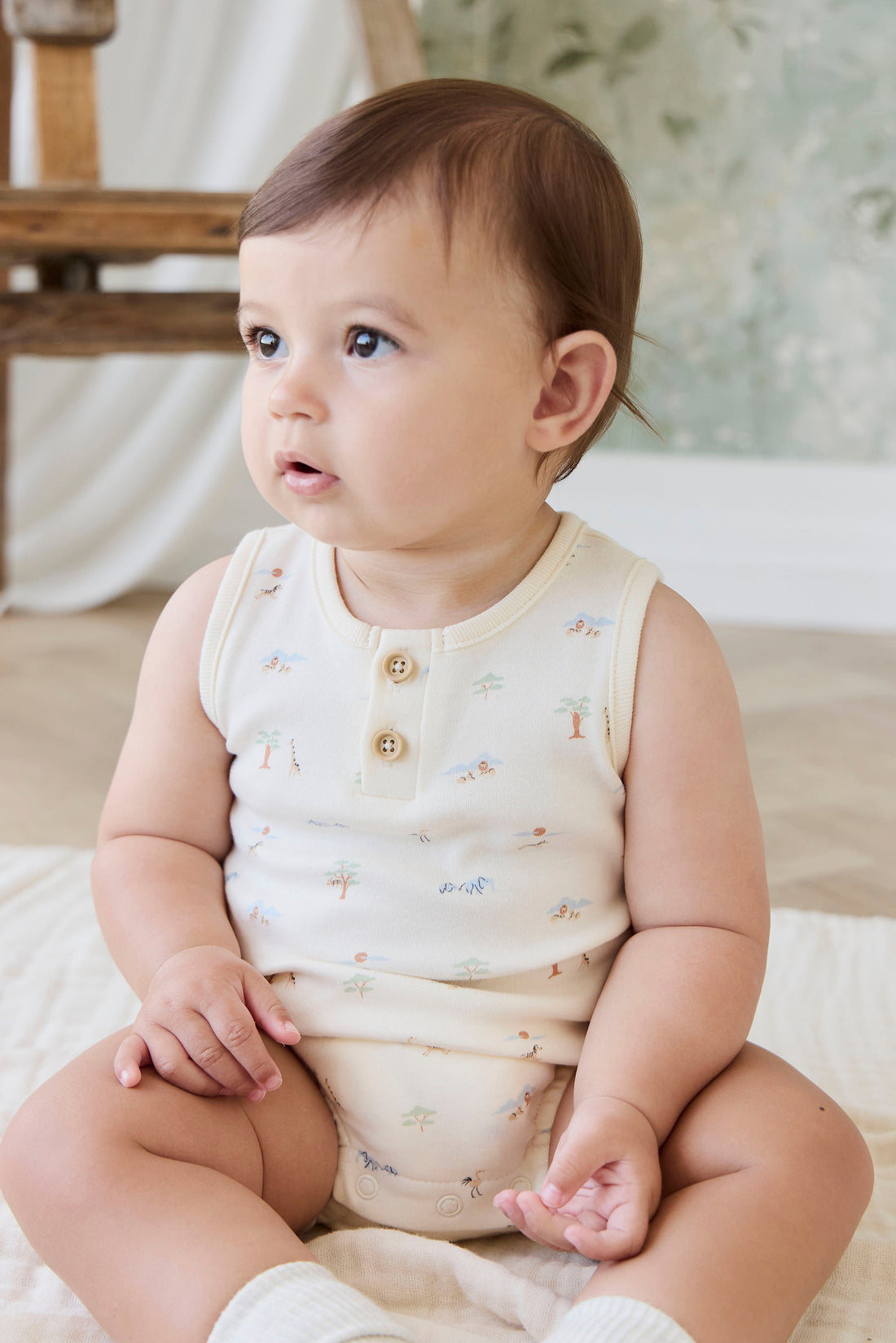 Organic Cotton Archie Playsuit - Savannah Animals Tofu Childrens Playsuit from Jamie Kay USA