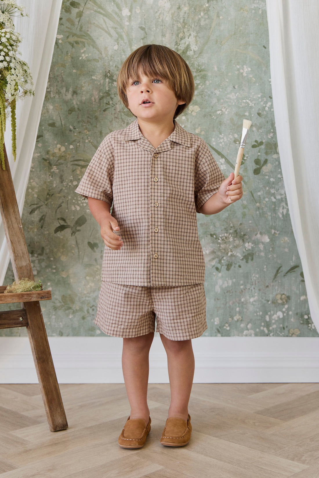 Organic Cotton Silas Shirt - Cabin Check Cocoa Childrens Top from Jamie Kay USA