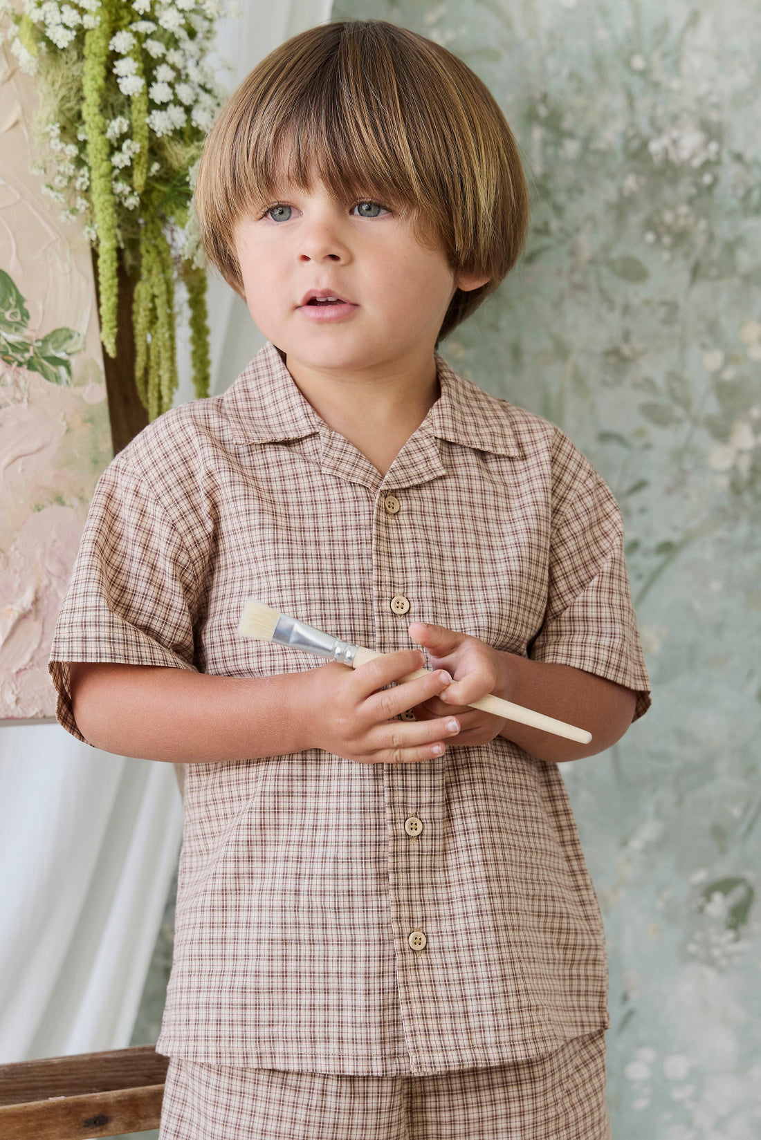 Organic Cotton Silas Shirt - Cabin Check Cocoa Childrens Top from Jamie Kay USA