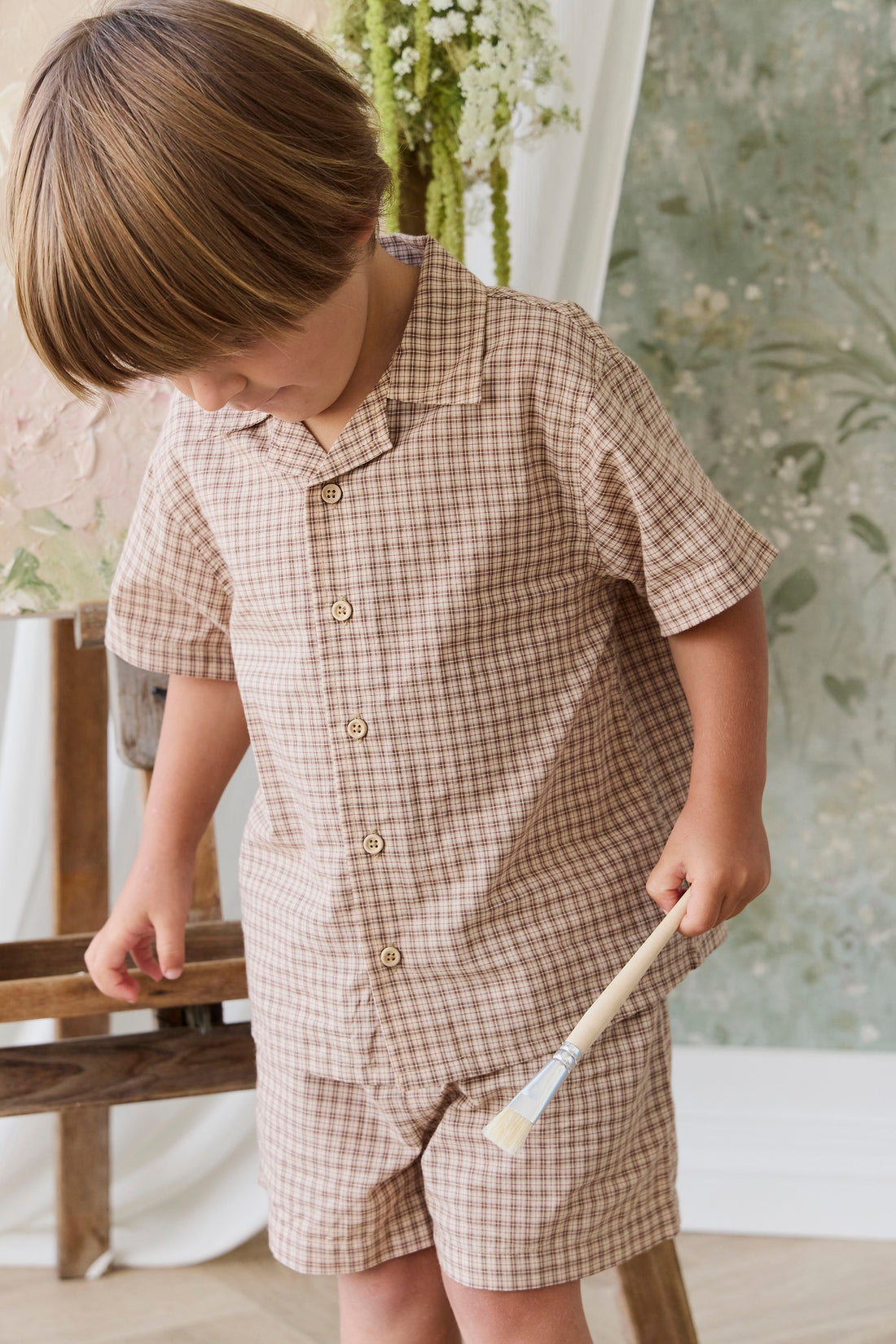 Organic Cotton Louis Short - Cabin Check Cocoa Childrens Shorts from Jamie Kay USA
