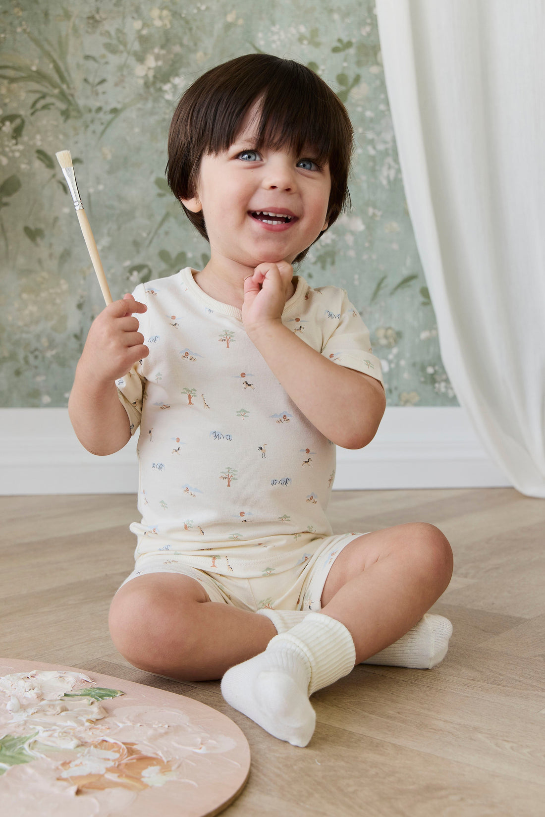 Organic Cotton Halston Short Sleeve Pyjama Set - Savannah Animals Tofu Childrens Pyjama from Jamie Kay USA
