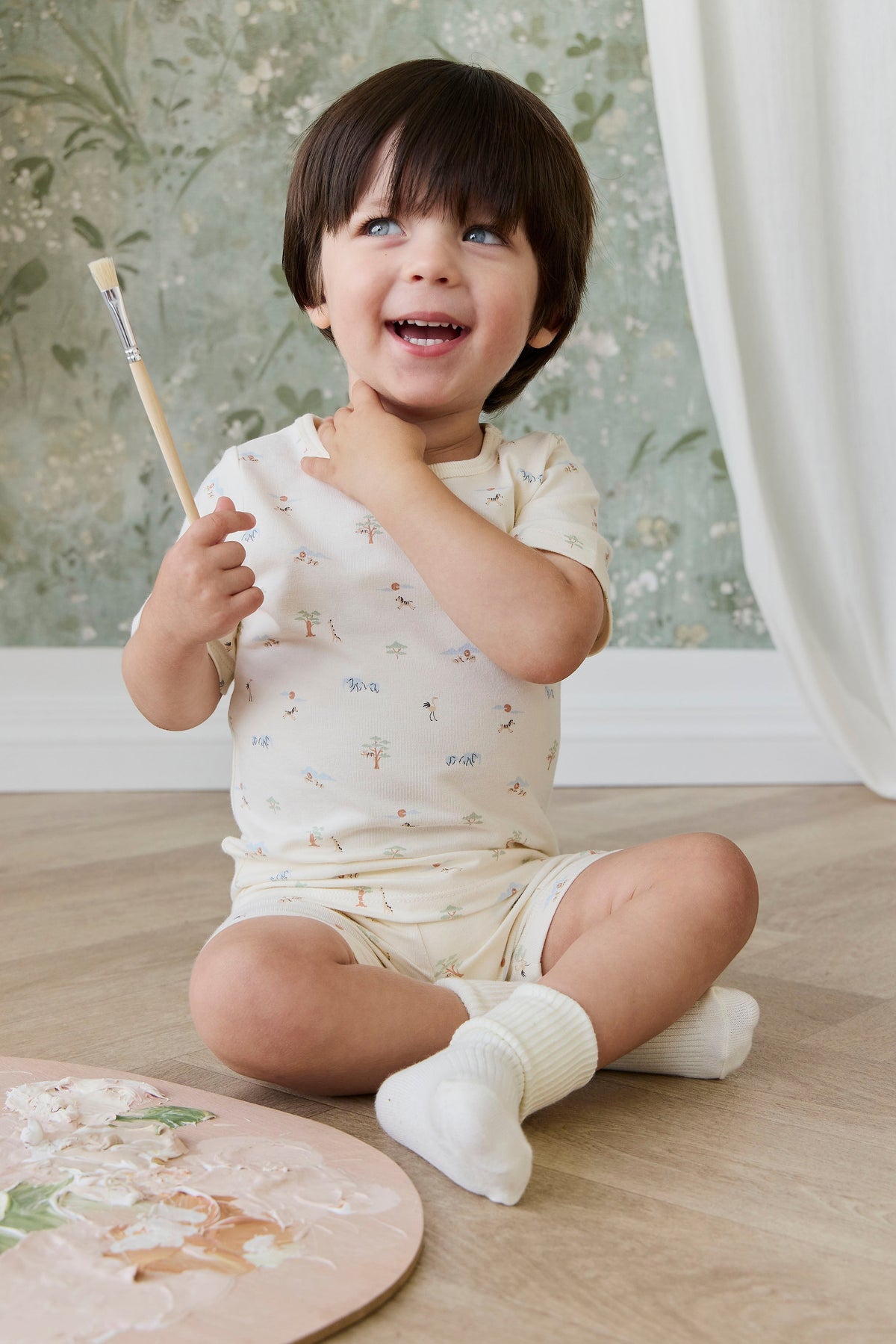 Organic Cotton Halston Short Sleeve Pyjama Set - Savannah Animals Tofu Childrens Pyjama from Jamie Kay USA