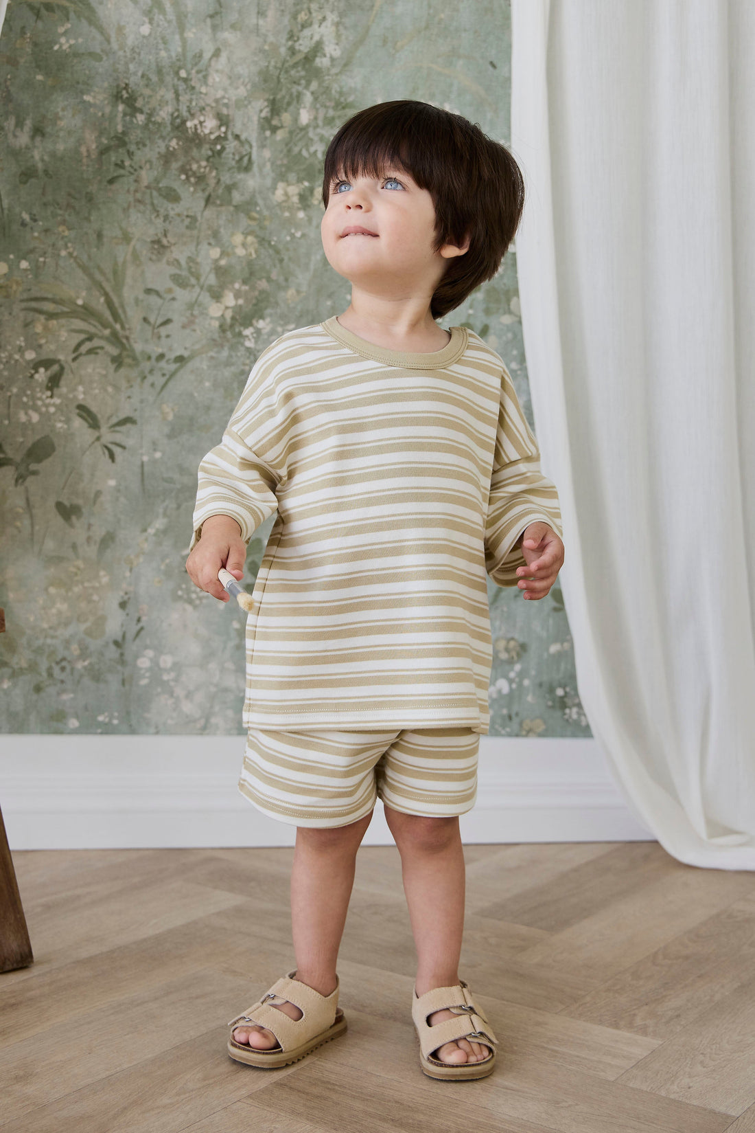 Pima Cotton Wesley Short - Double Stripe Hay/Cloud Childrens Shorts from Jamie Kay USA