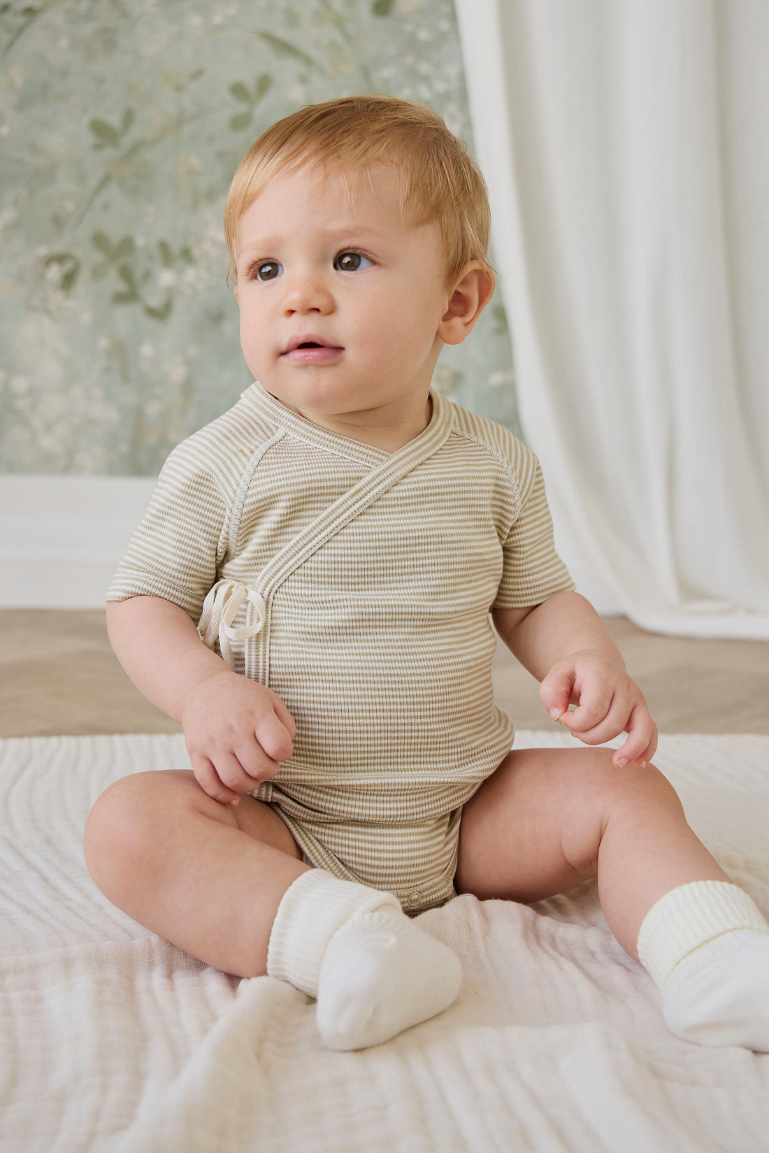 Organic Cotton Fine Rib Micah Short Sleeve Playsuit - Petite Stripe Hay/Cloud Childrens Playsuit from Jamie Kay USA