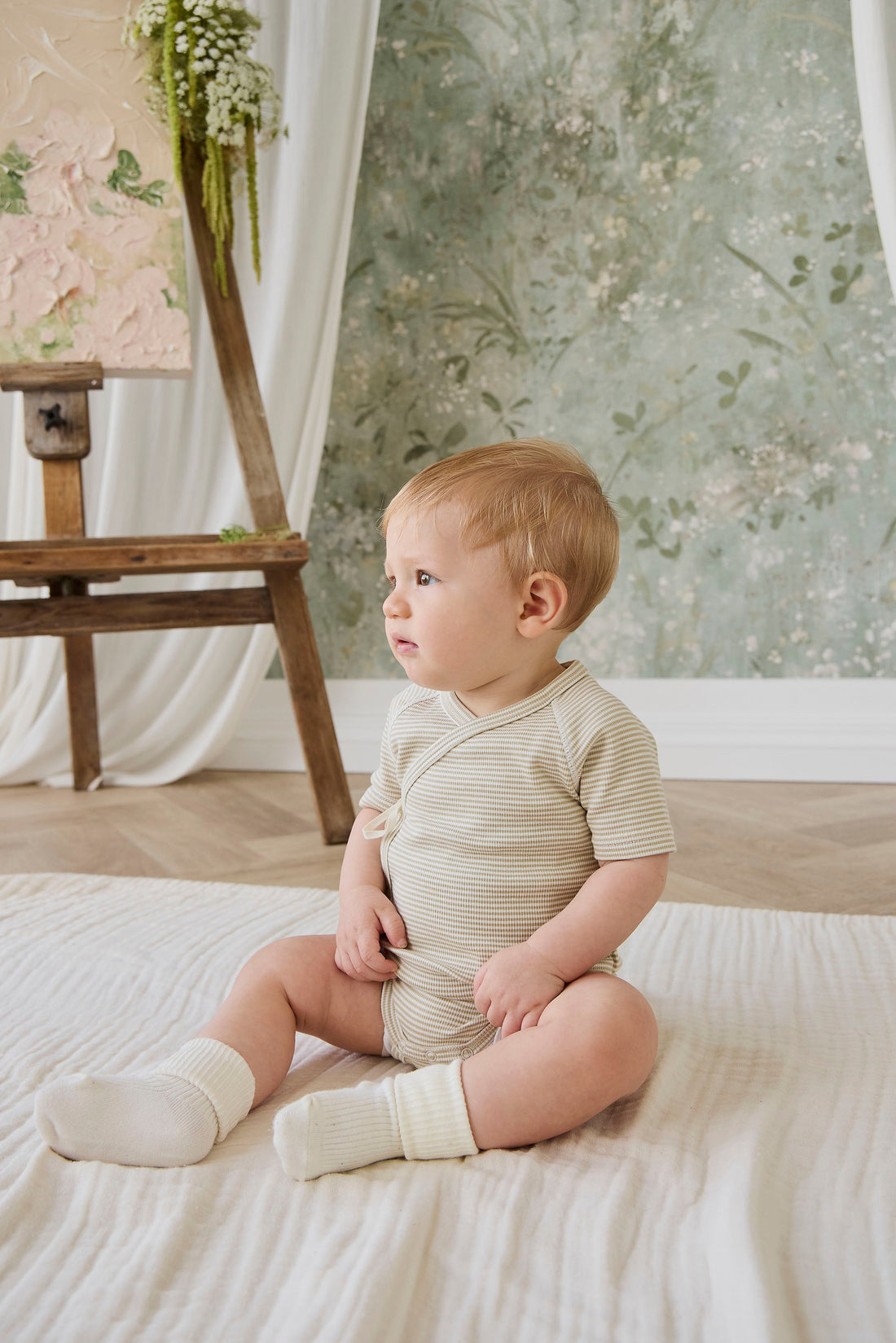 Organic Cotton Fine Rib Micah Short Sleeve Playsuit - Petite Stripe Hay/Cloud Childrens Playsuit from Jamie Kay USA
