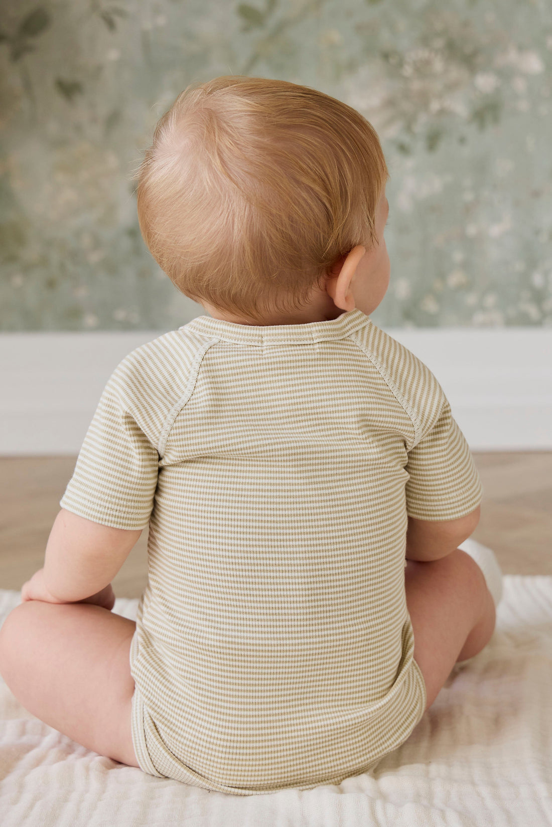 Organic Cotton Fine Rib Micah Short Sleeve Playsuit - Petite Stripe Hay/Cloud Childrens Playsuit from Jamie Kay USA