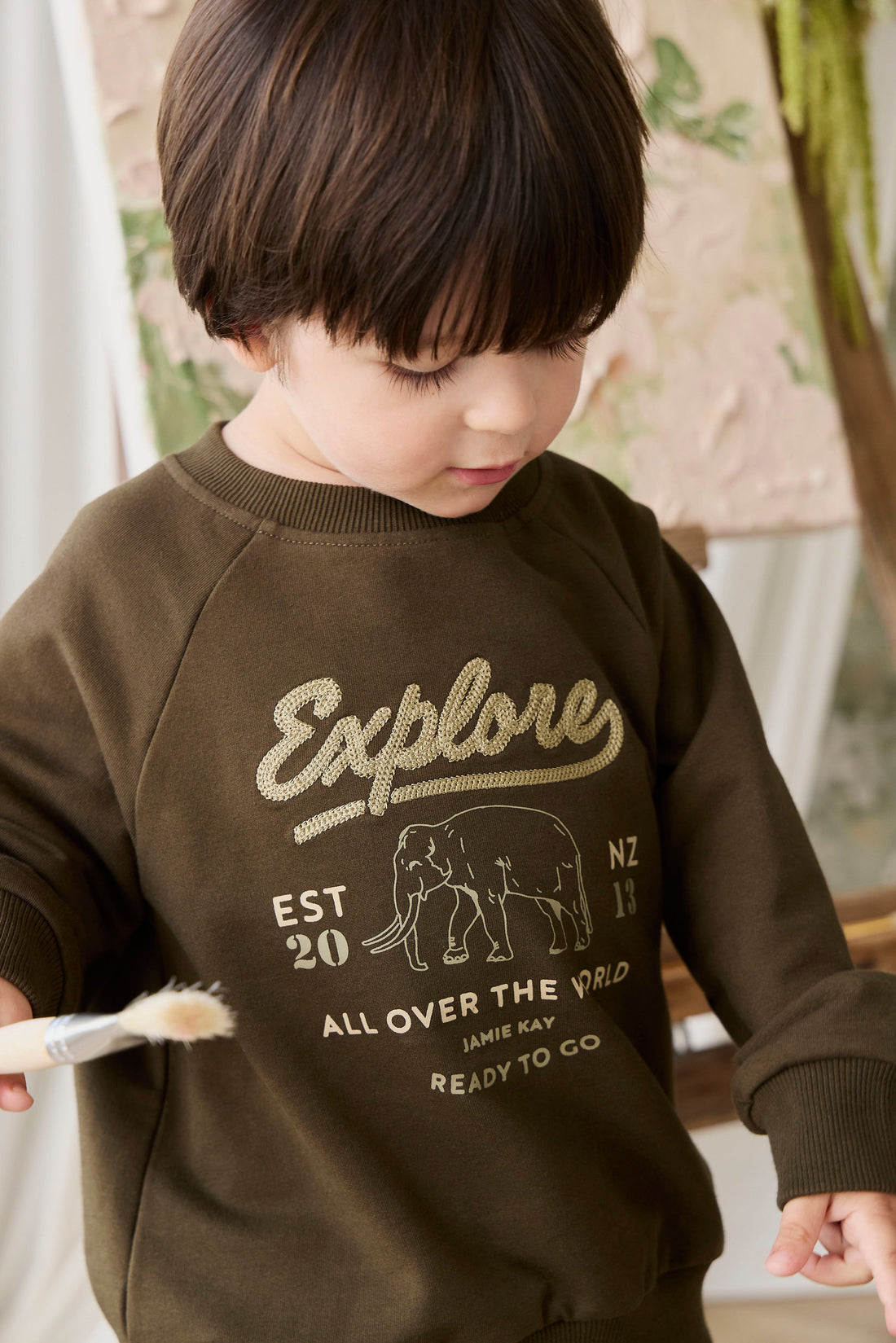 Organic Cotton Duncan Sweatshirt - Deep Olive Elephant Explore Childrens Sweatshirt from Jamie Kay USA