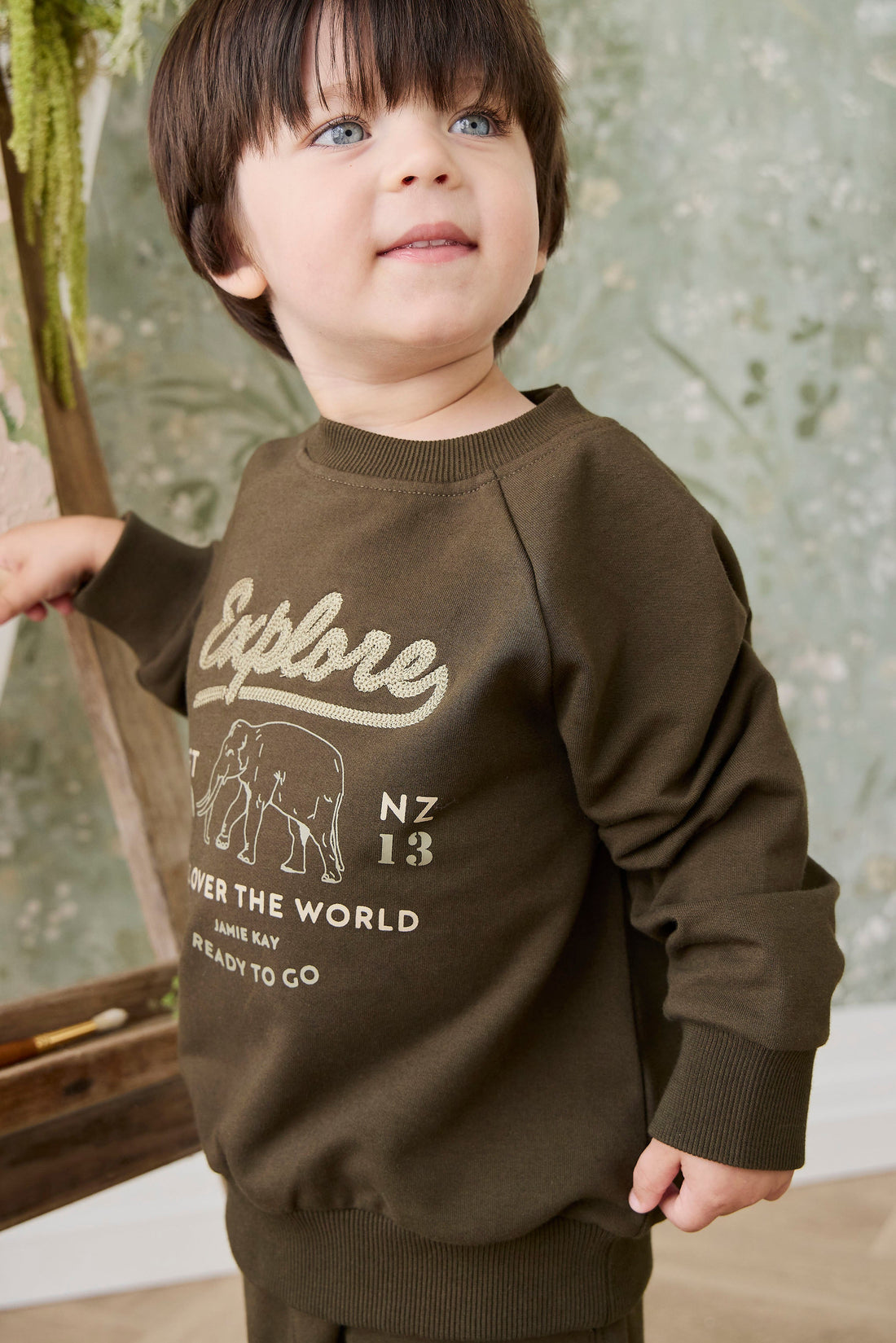 Organic Cotton Duncan Sweatshirt - Deep Olive Elephant Explore Childrens Sweatshirt from Jamie Kay USA