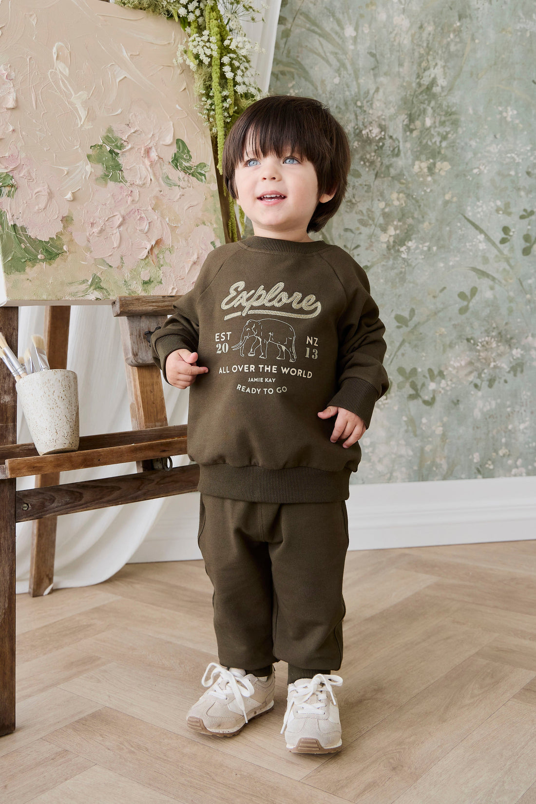 Organic Cotton Duncan Sweatshirt - Deep Olive Elephant Explore Childrens Sweatshirt from Jamie Kay USA